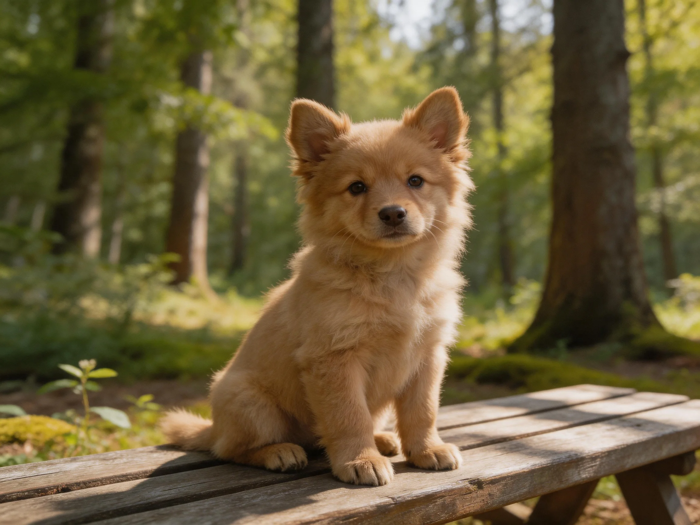 A tan puppy sits on a wooden bench in a sunlit forest.