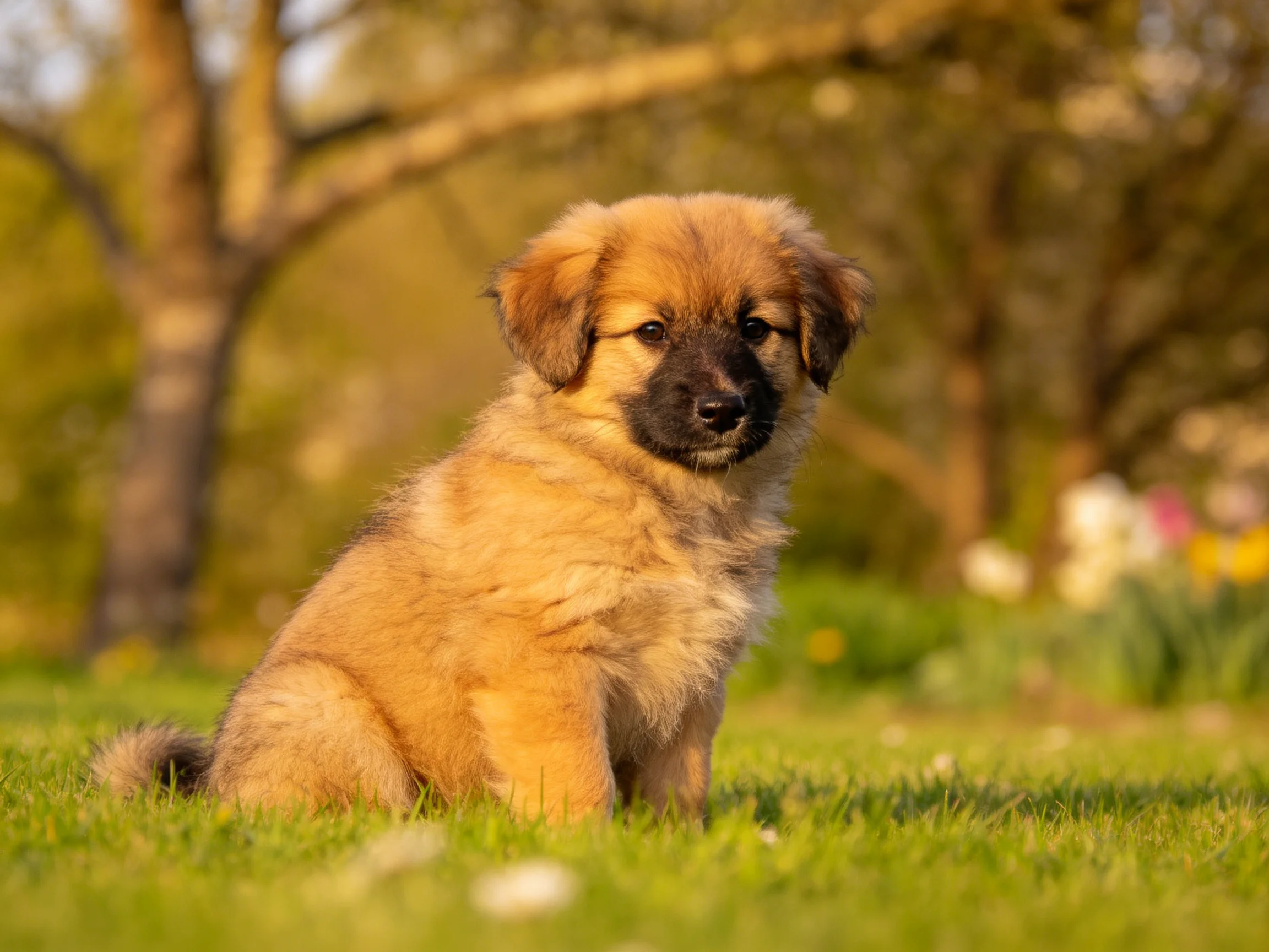 A tan puppy sits on grass in a sunlit garden setting.