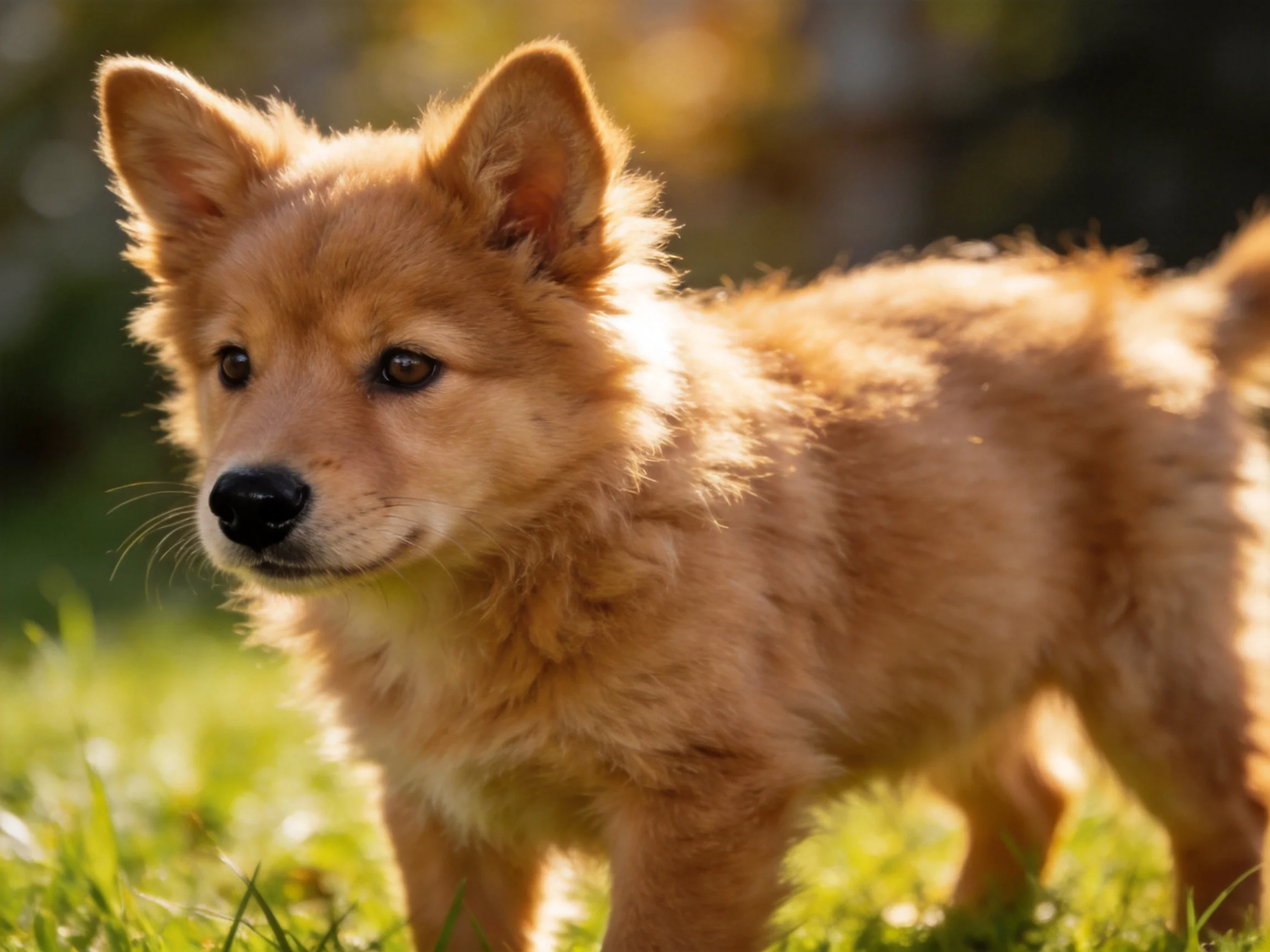 A fluffy tan puppy standing on sunlit green grass