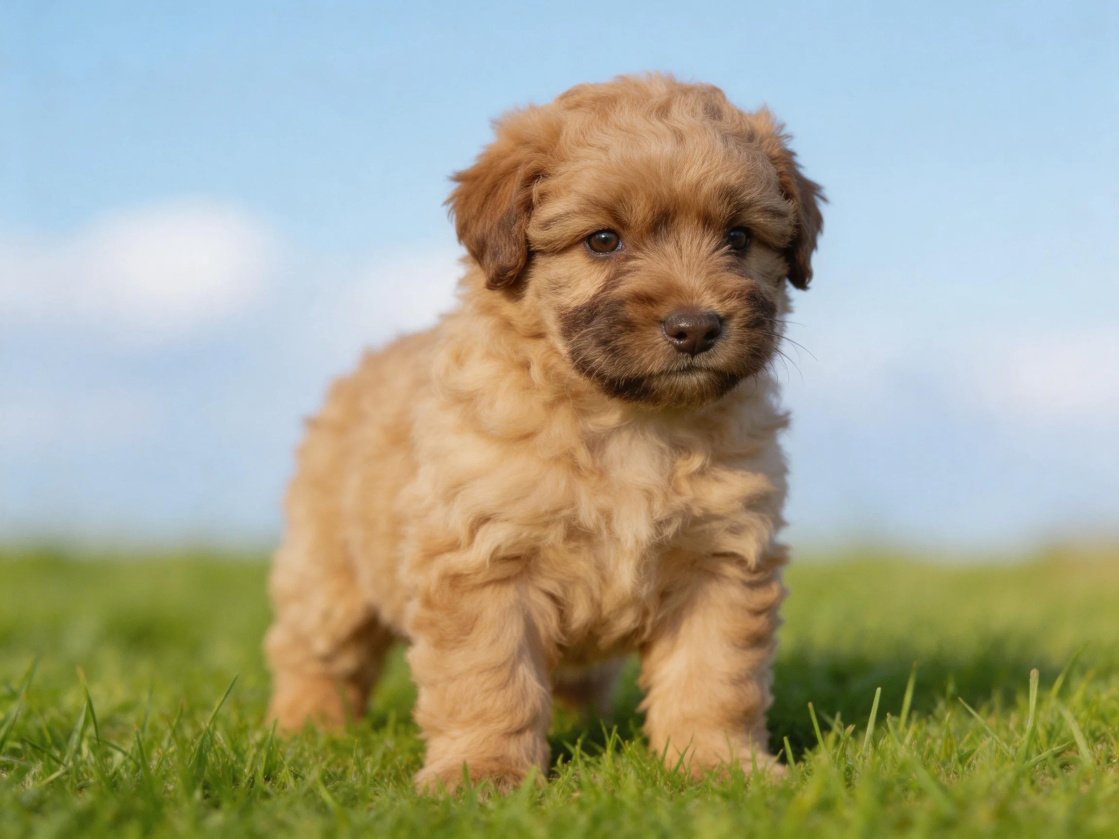 A fluffy tan puppy stands on green grass in a sunny outdoor setting.