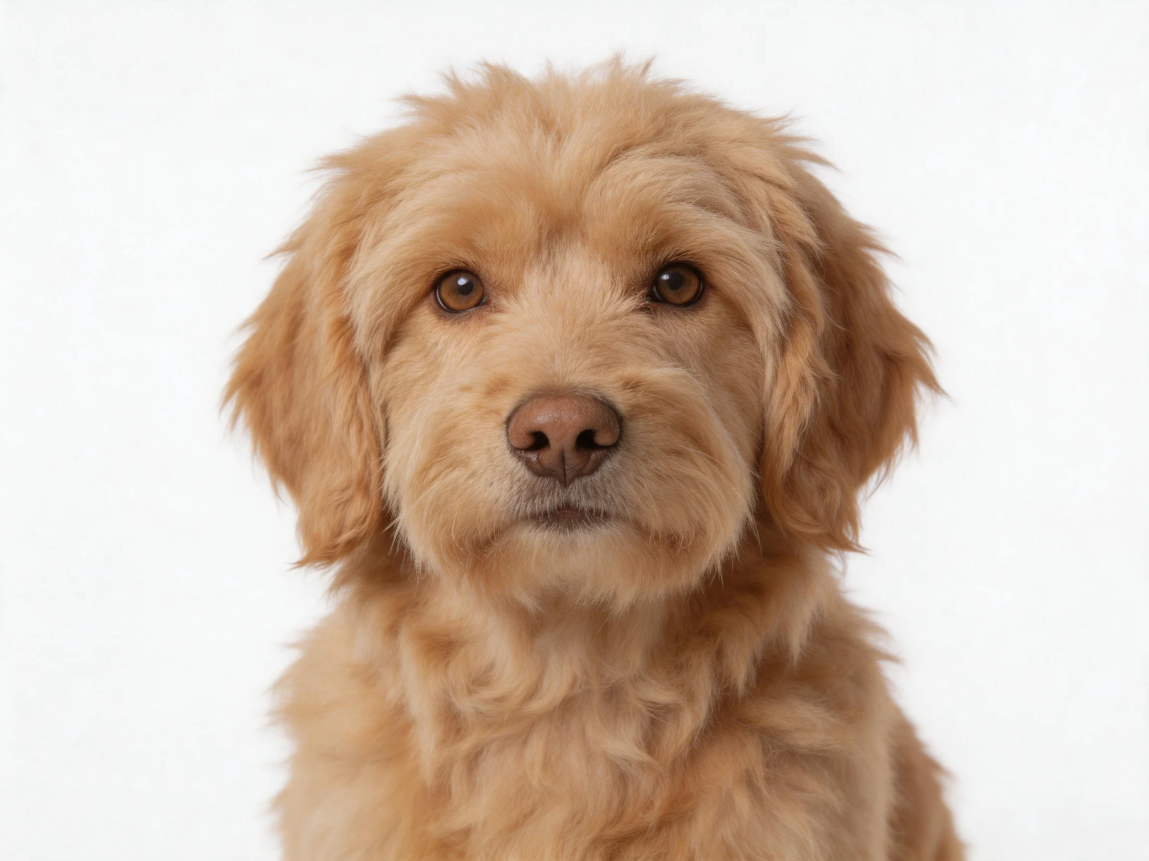 Close-up of a fluffy tan puppy on a plain white background