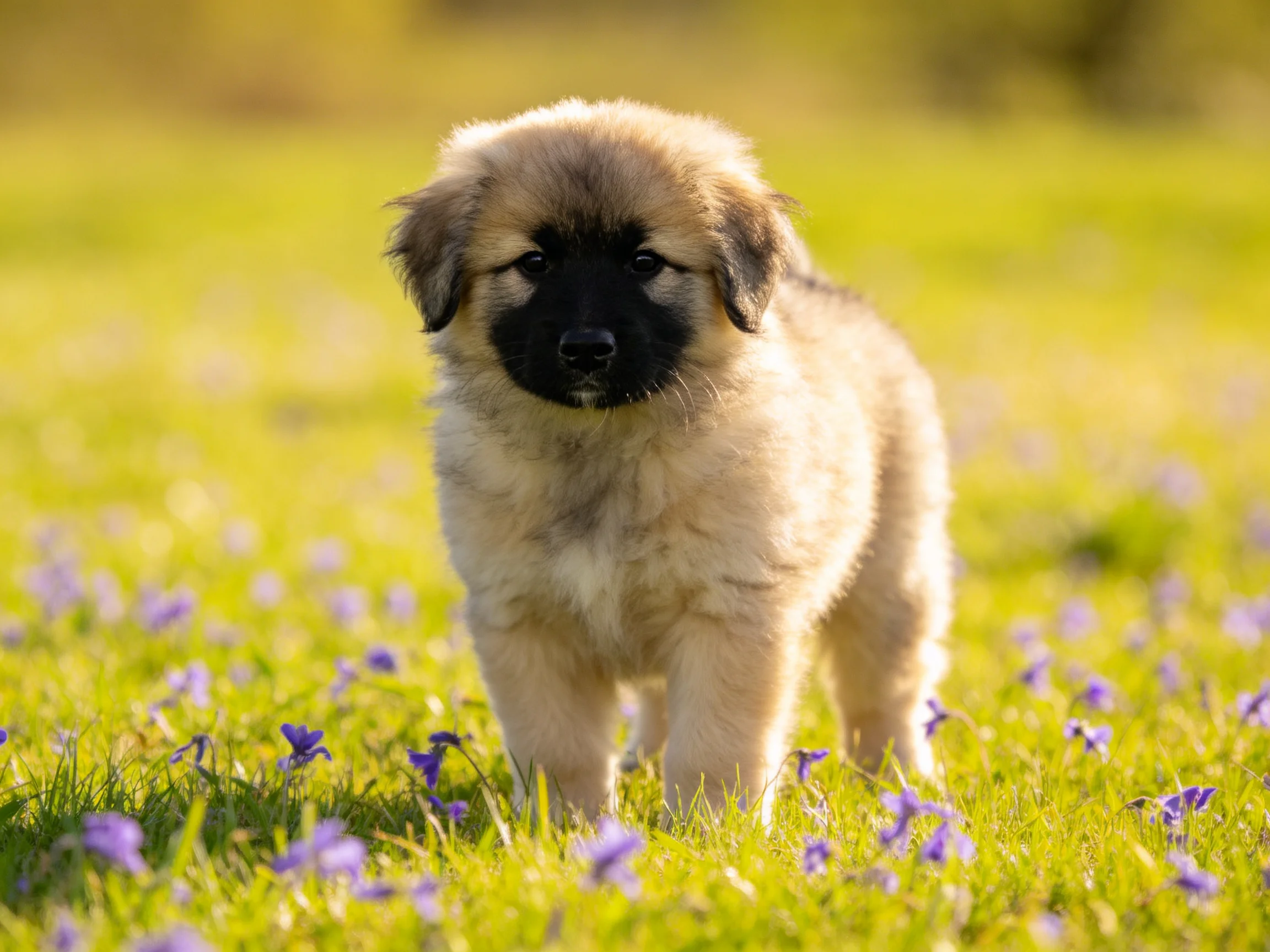 A fluffy puppy stands in a sunlit meadow with green grass and purple flowers