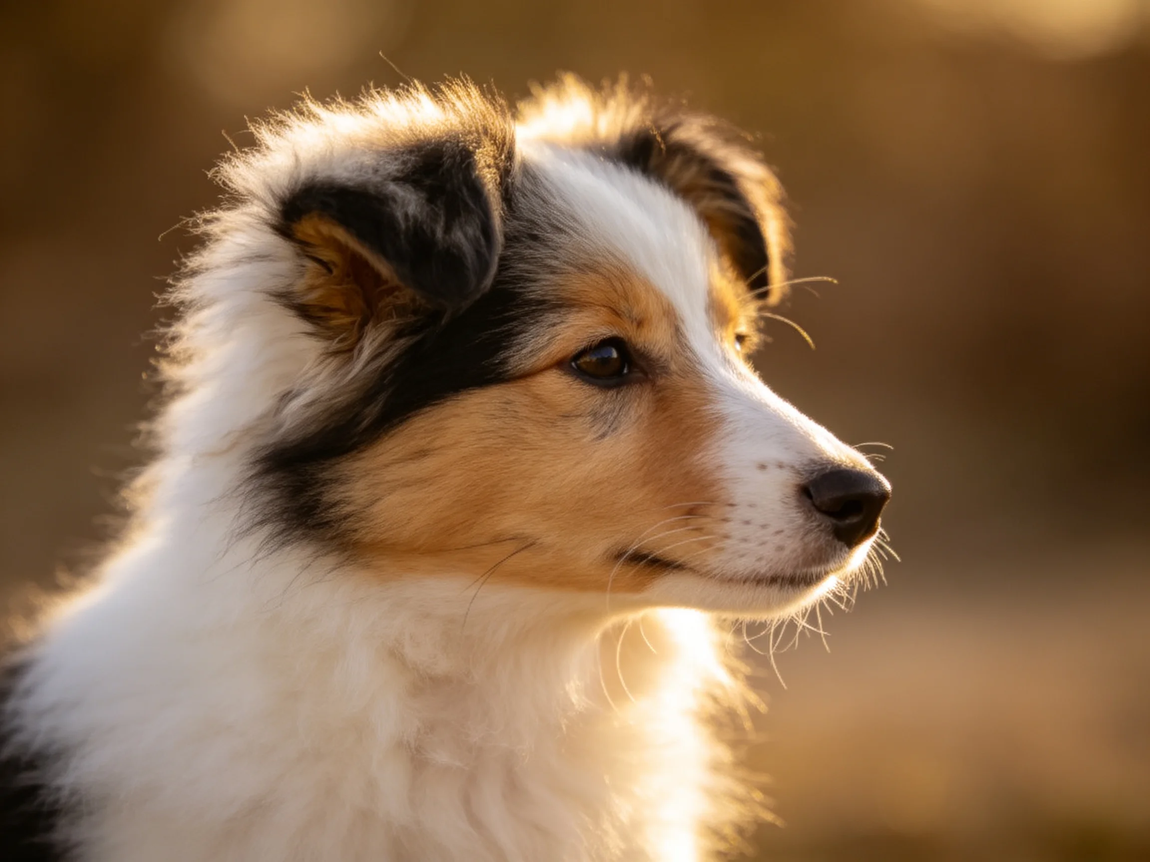 A fluffy tri - color Sheltie puppy illuminated by warm sunlight