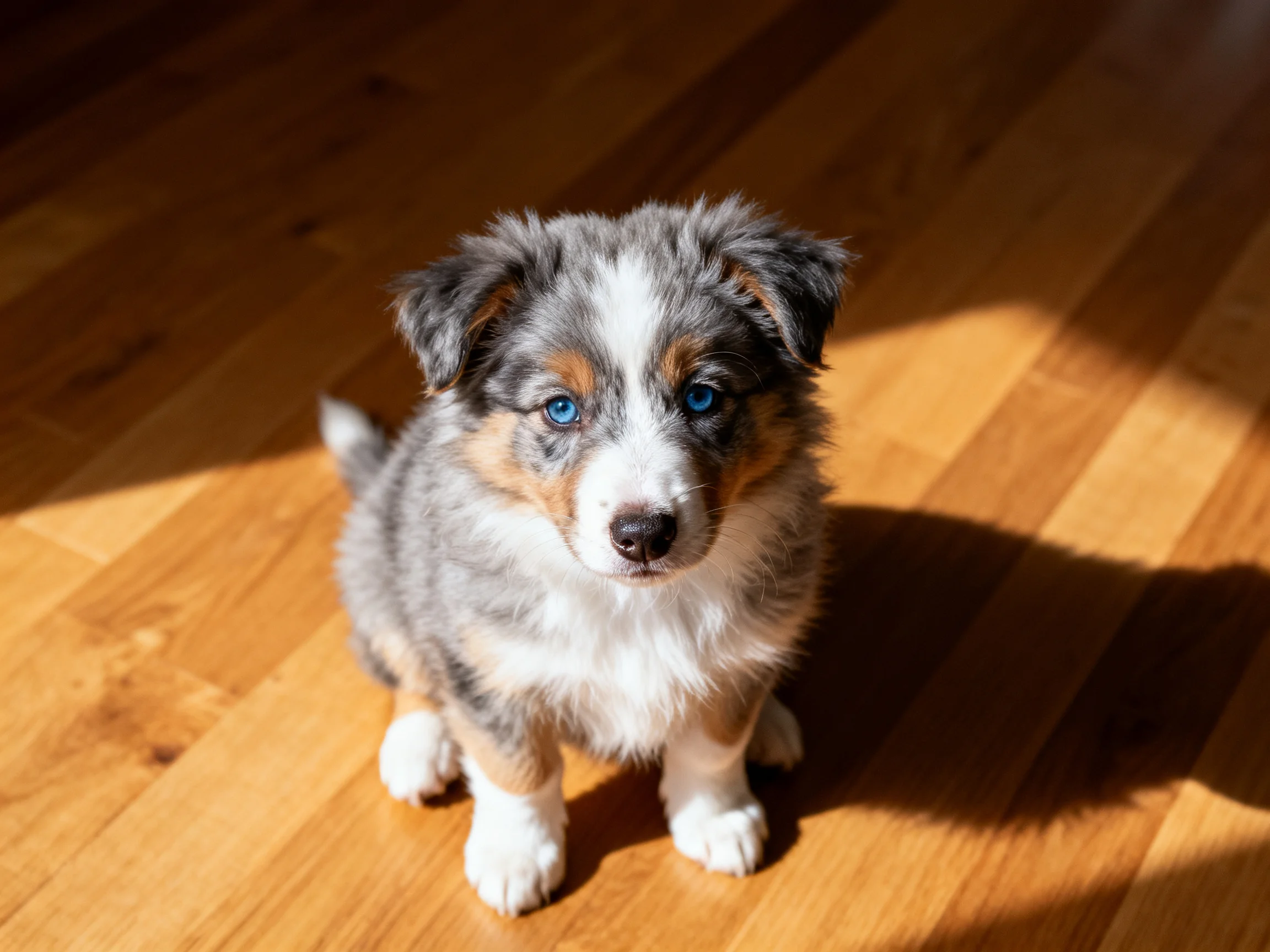 A small tri-colored puppy with blue eyes sits on wooden flooring.