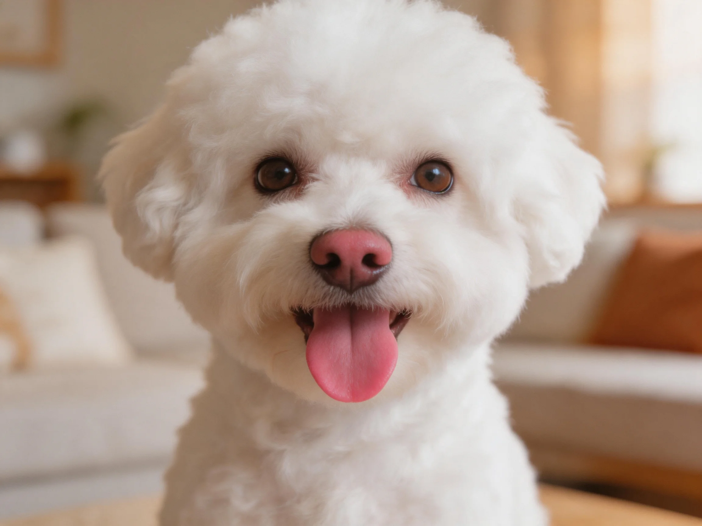 A fluffy white Bichon Frise with pink tongue in a cozy living room