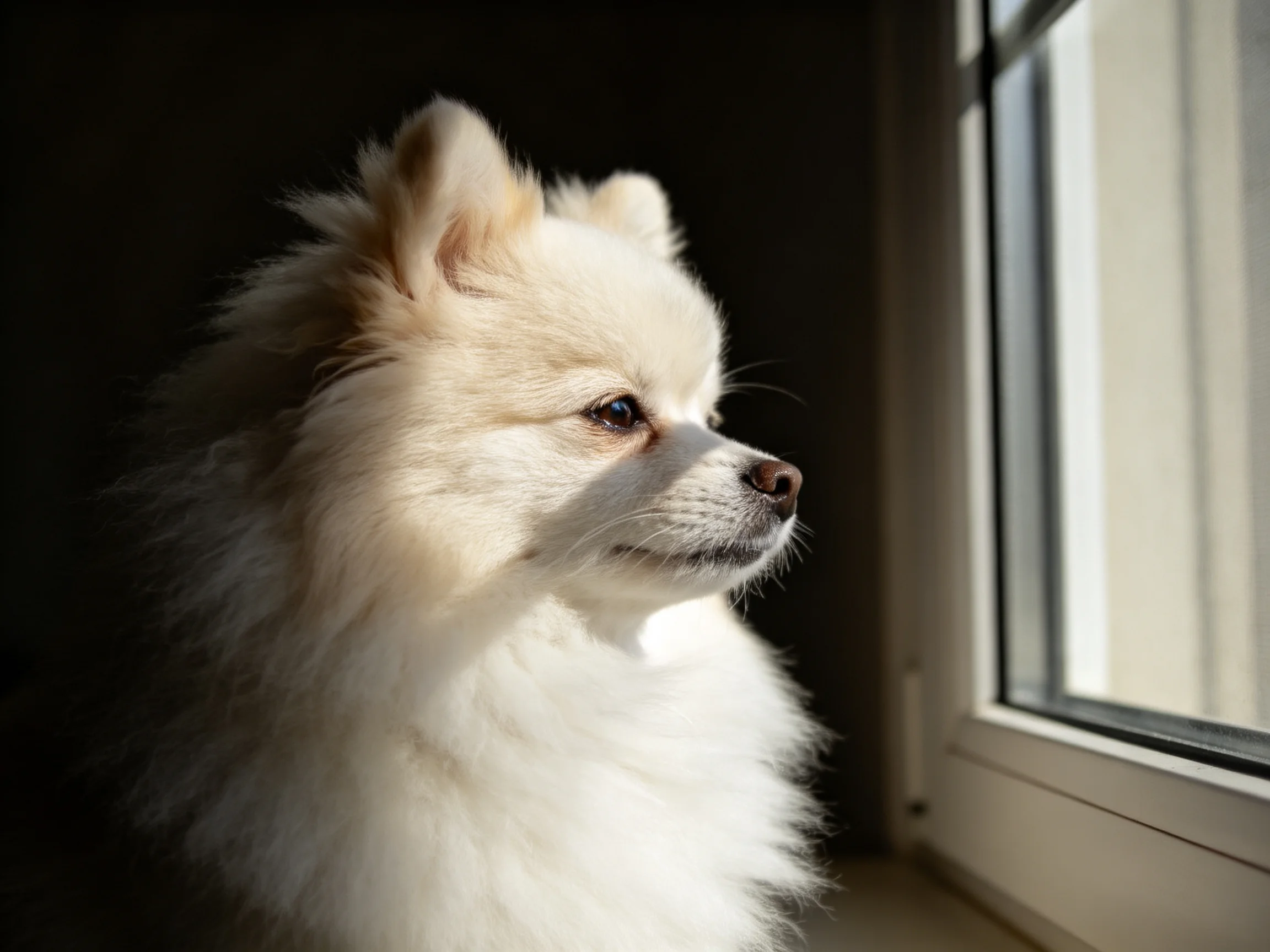 A fluffy white Pomeranian gazes thoughtfully from a sunlit windowsill