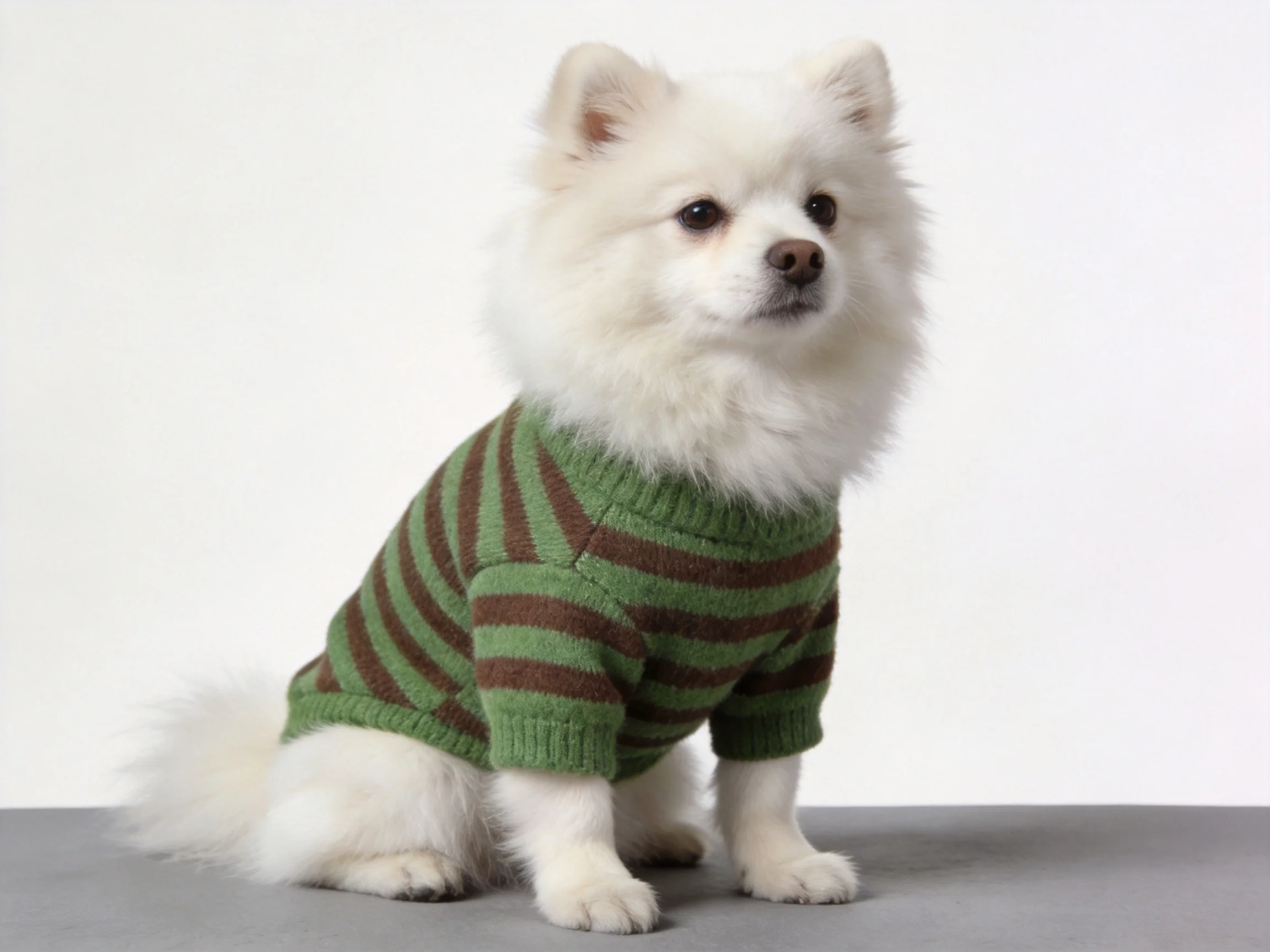 A fluffy white Pomeranian in a green and brown striped sweater