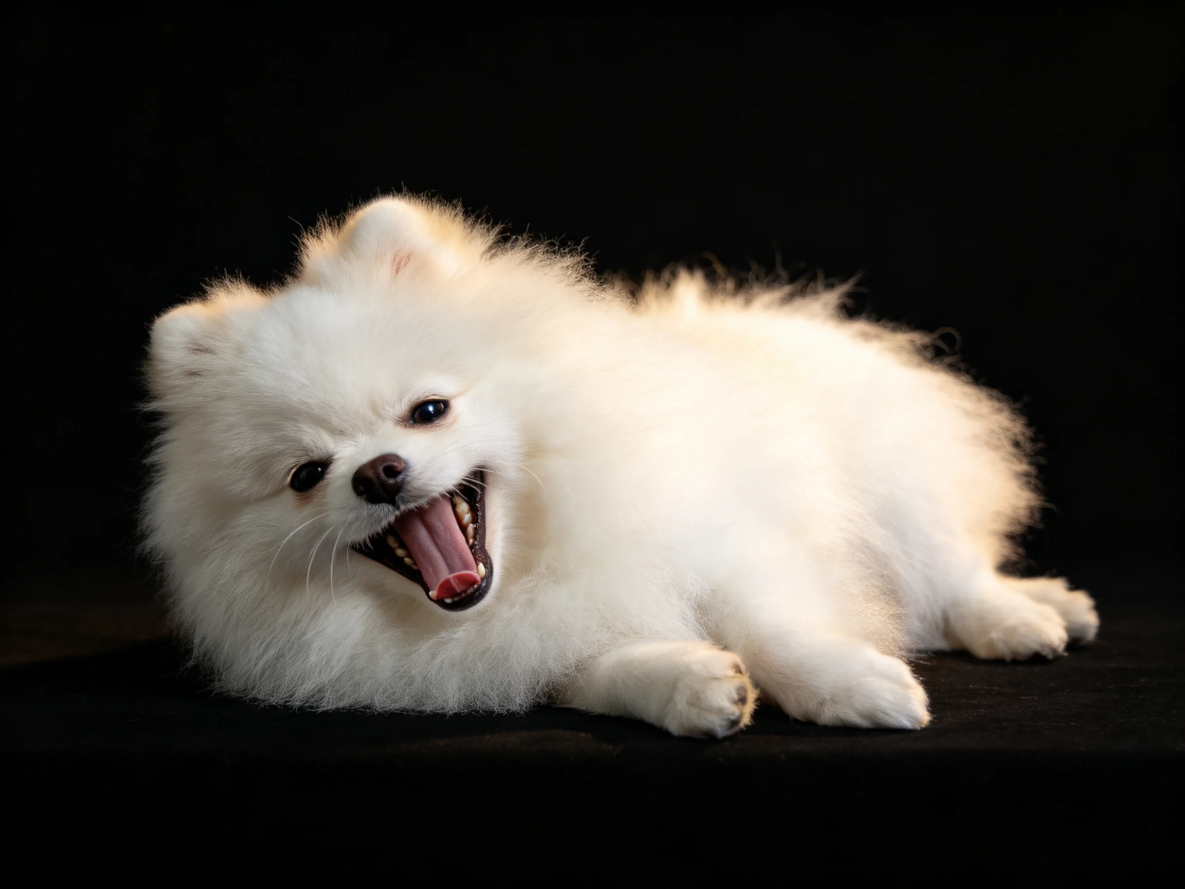 A fluffy white Pomeranian puppy yawning on a black surface
