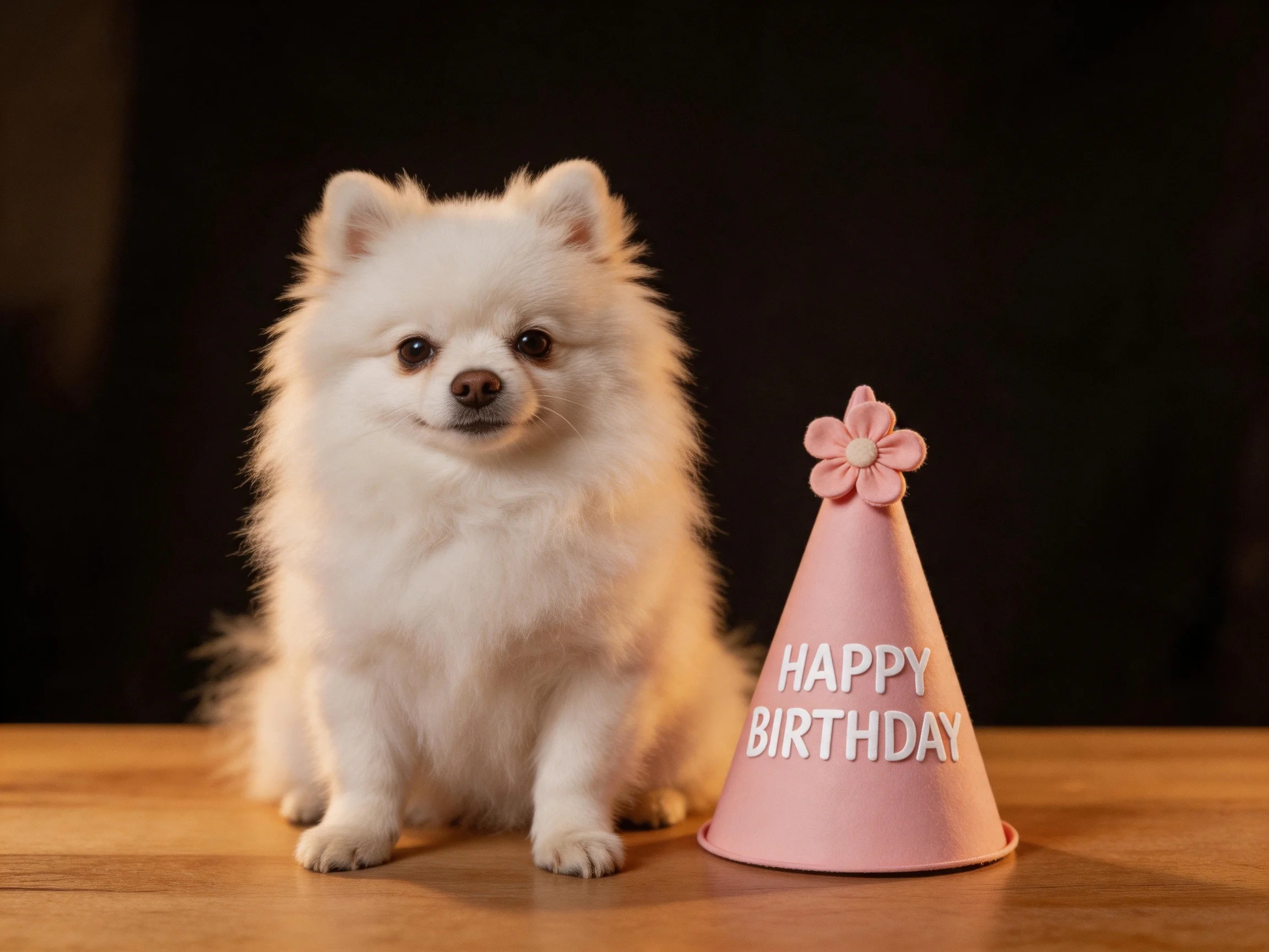 A fluffy white Pomeranian sits beside a pink Happy Birthday cone hat.