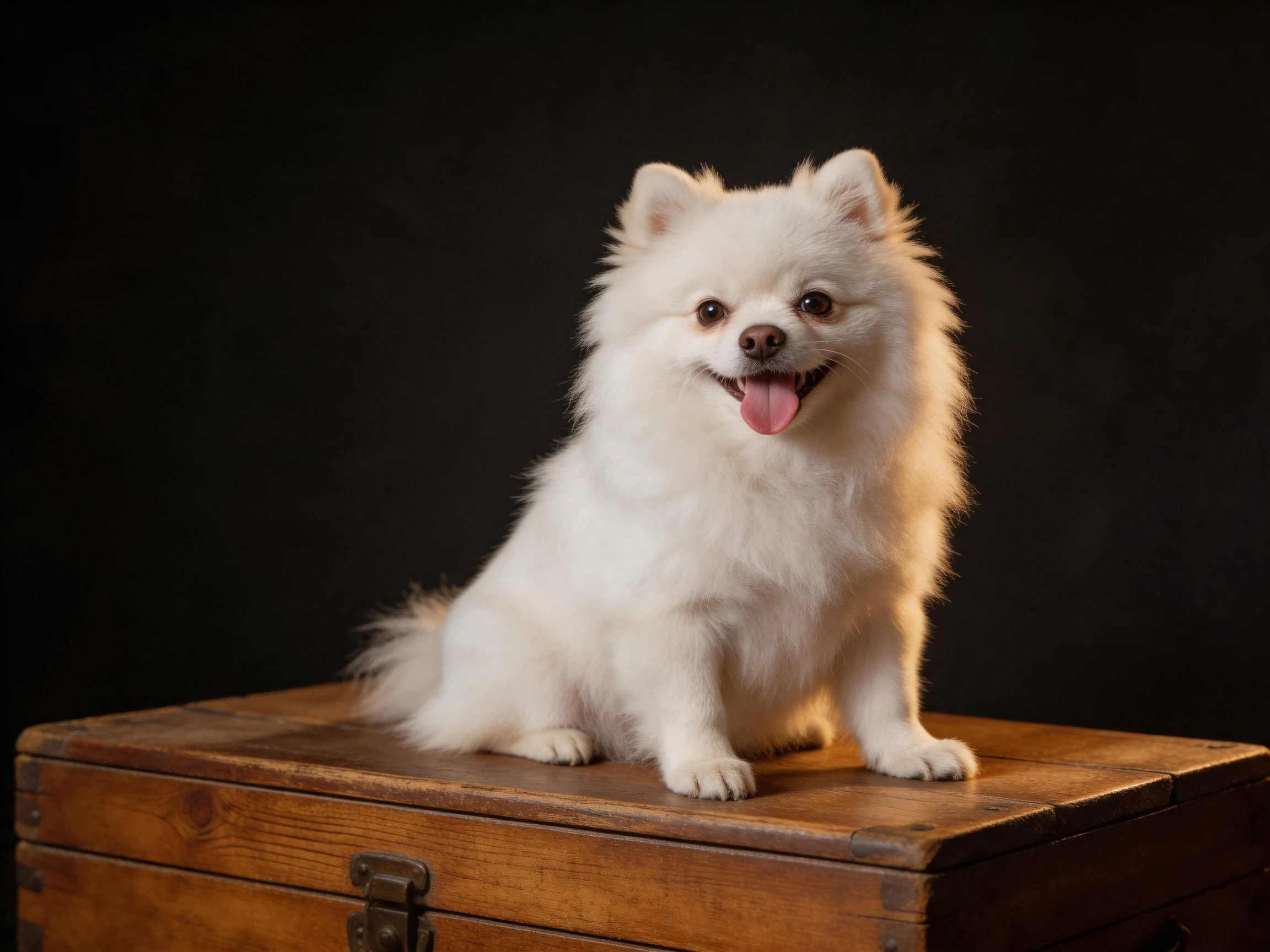 A fluffy white Pomeranian sits on an aged wooden chest