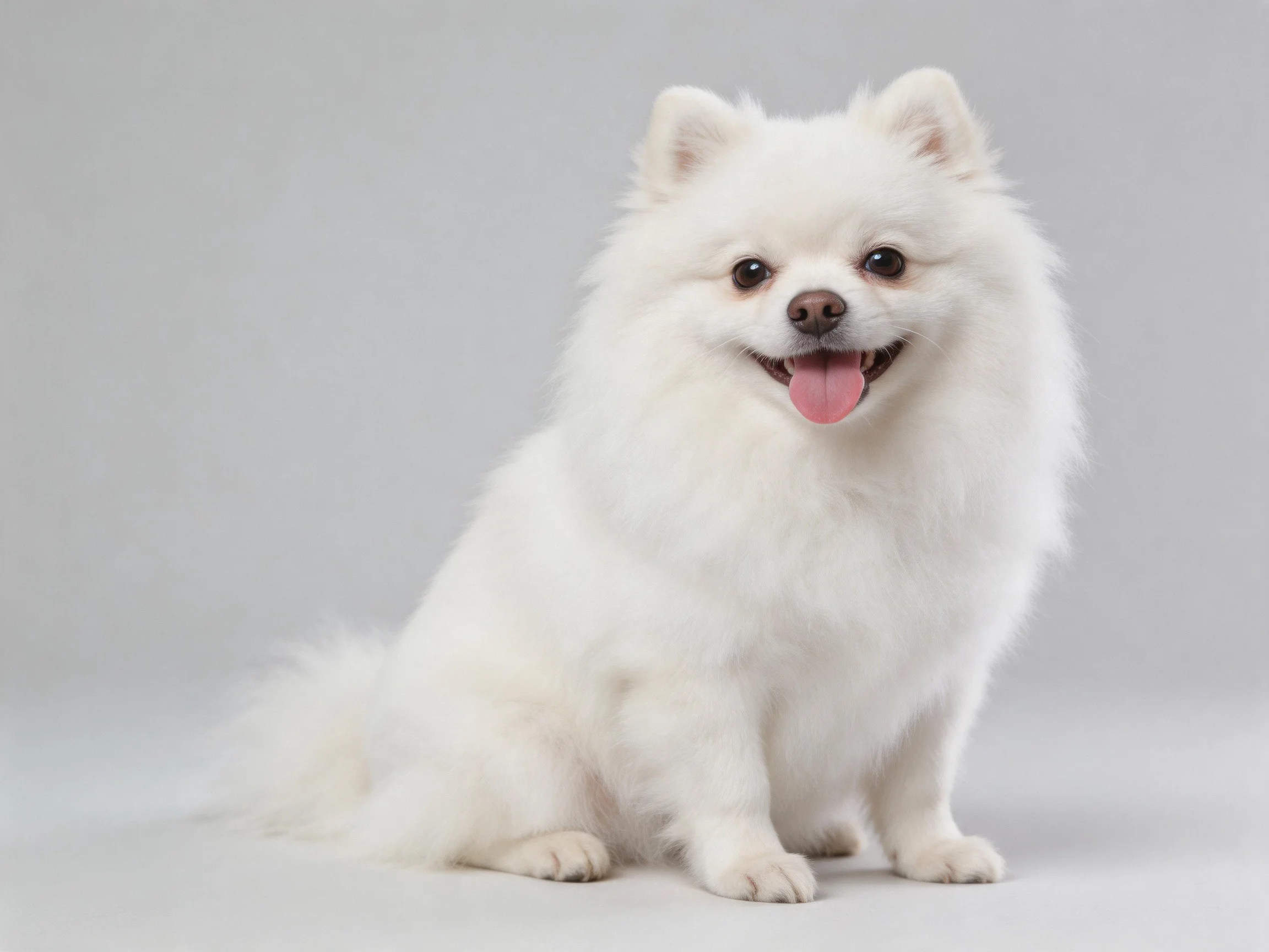 A fluffy white Pomeranian sitting against a plain gray backdrop