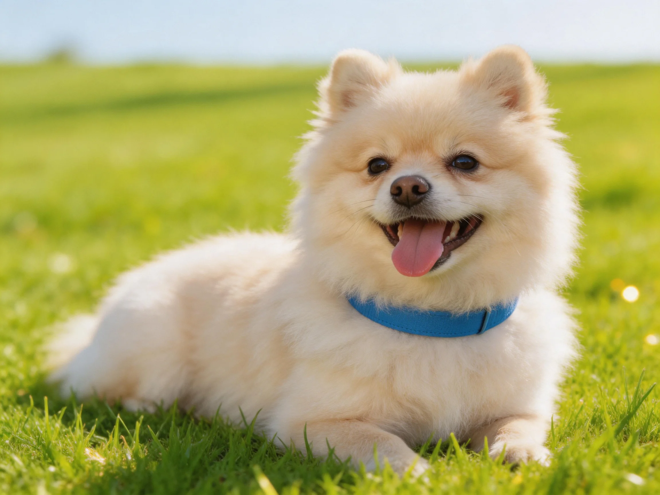 A fluffy white Pomeranian with a blue collar rests on green grass