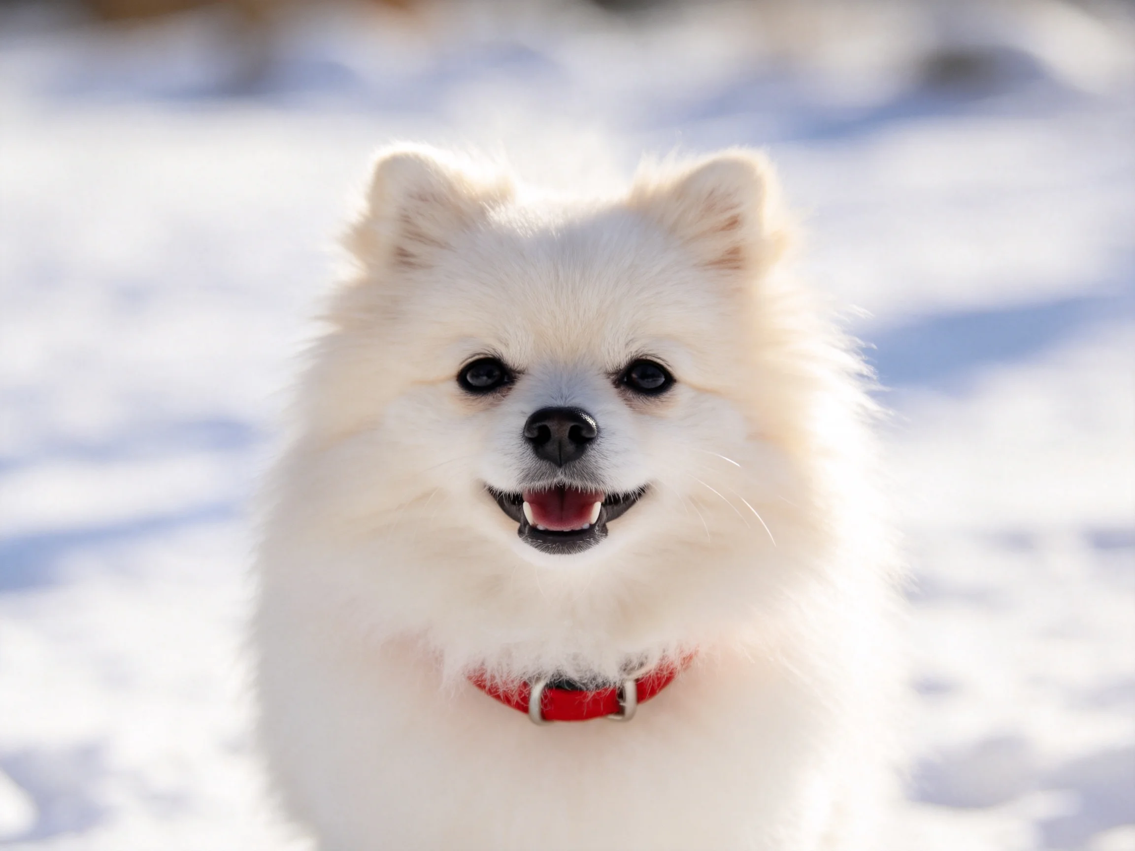 A fluffy white Pomeranian with a red collar on snow