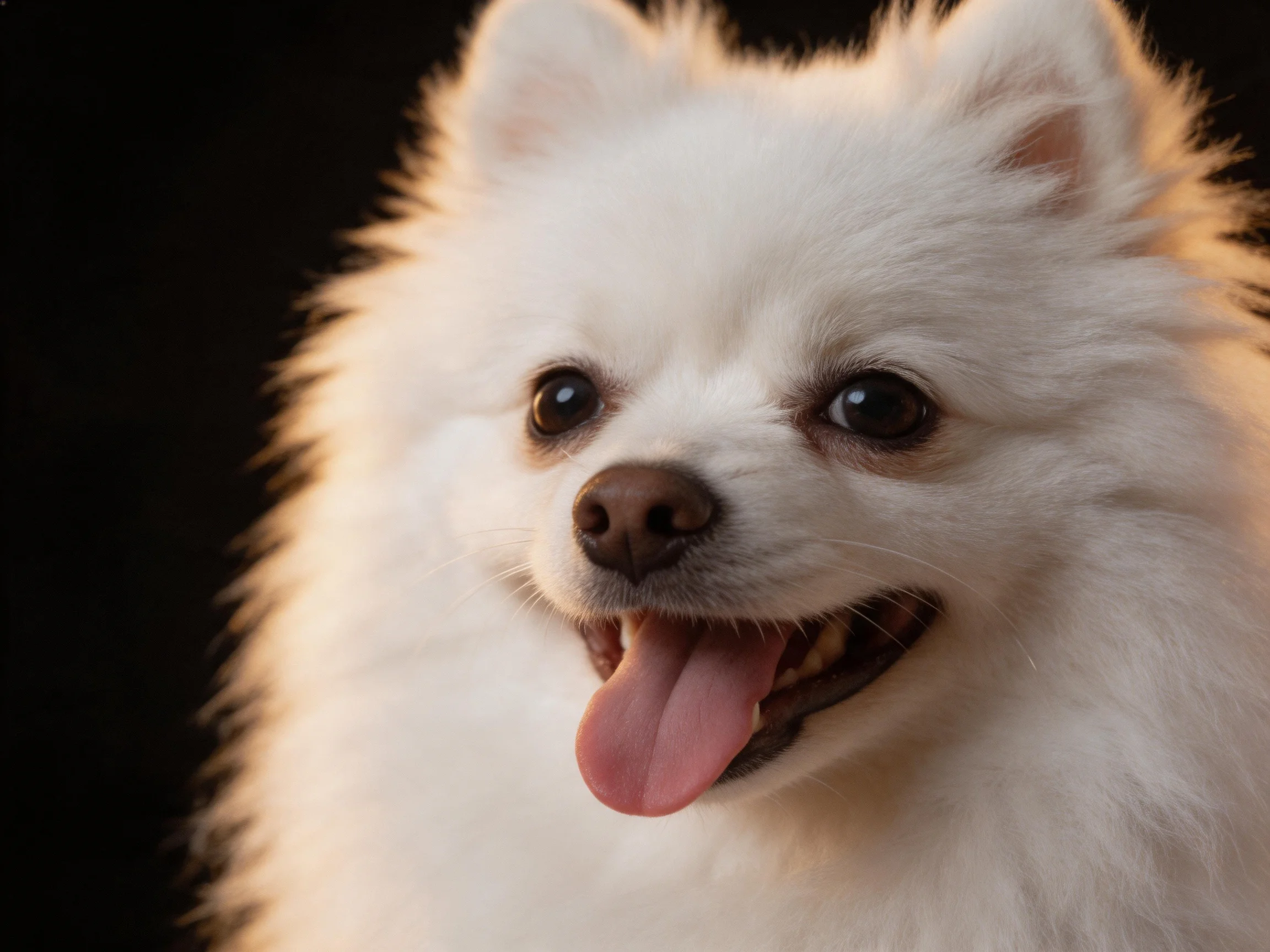 A close - up of a cheerful white Pomeranian with its mouth open.