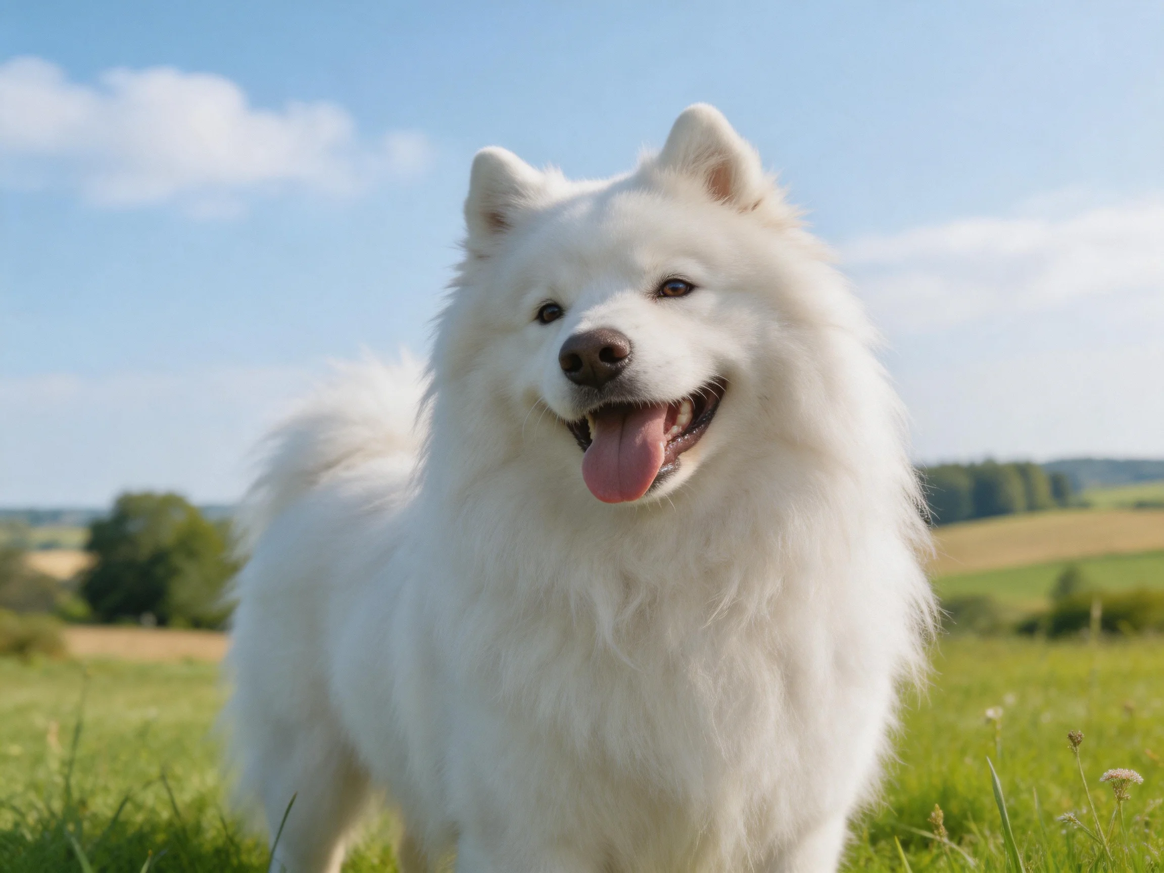 A fluffy white Samoyed dog in a sunny open grassy field