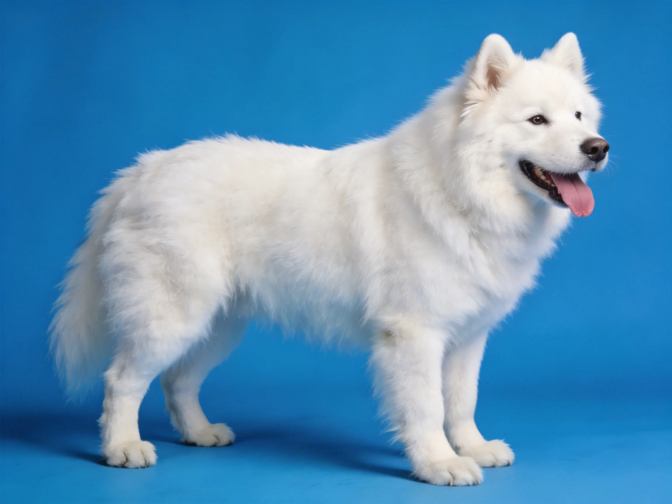 A fluffy white Samoyed dog stands against a bright blue backdrop