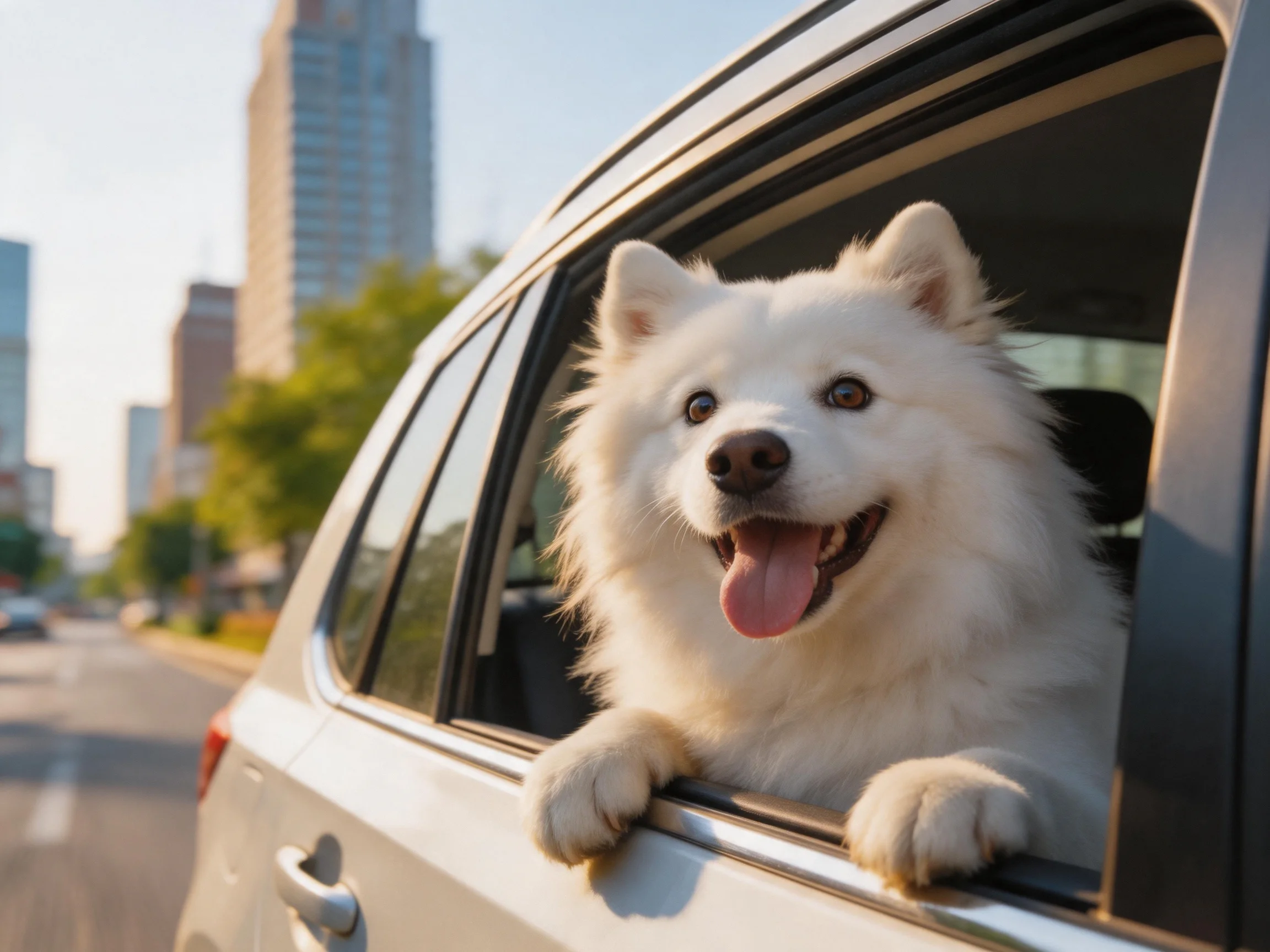 A fluffy white Samoyed dog sticks its head out of a silver car window