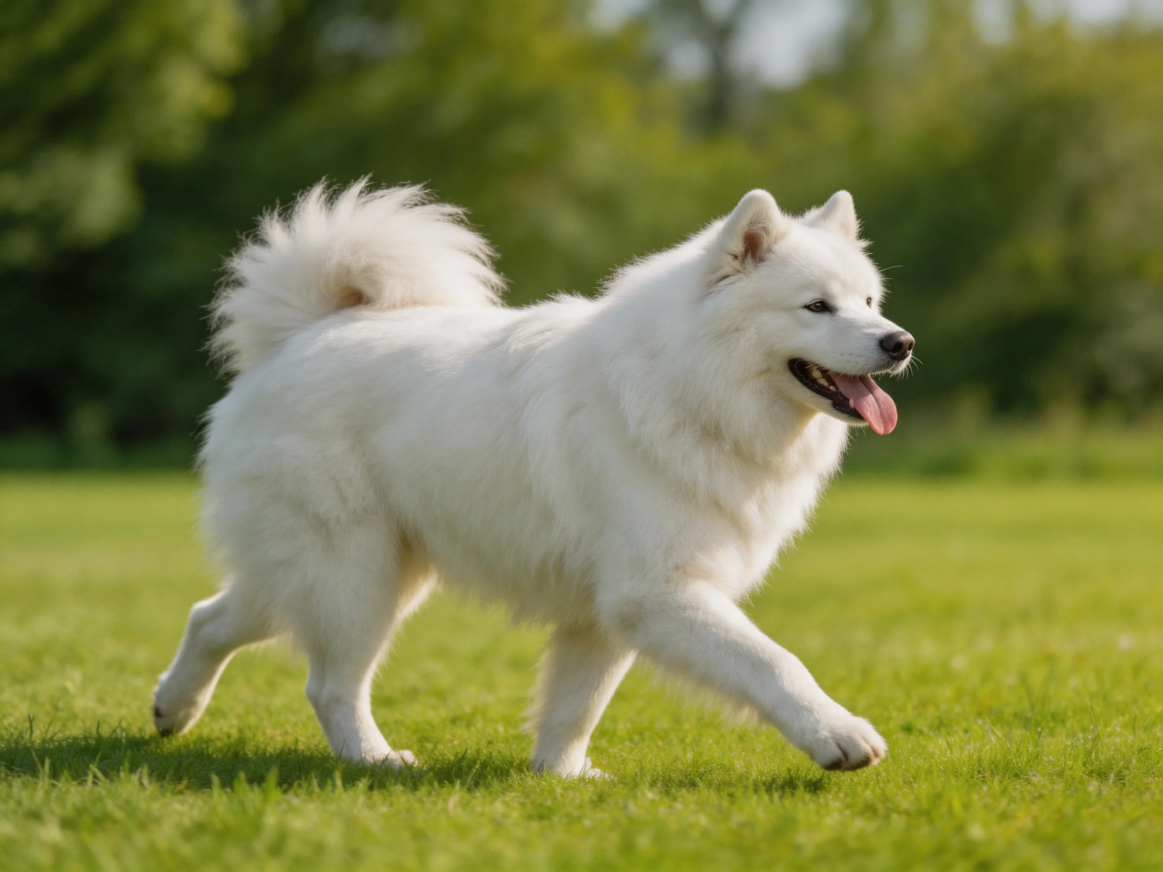 A fluffy white dog walks joyfully on a grassy field.