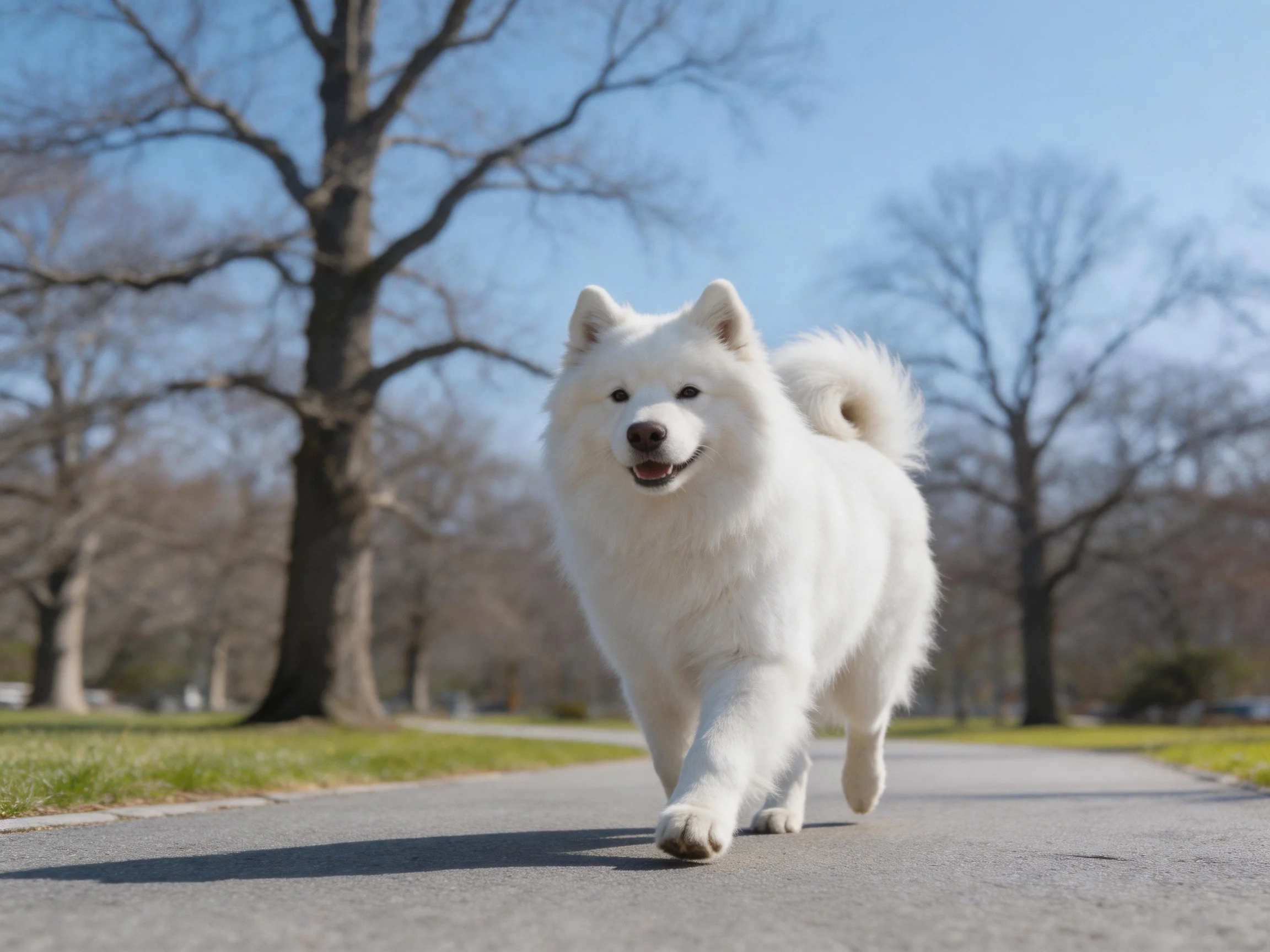 A fluffy white Samoyed dog walking on a sunny park path