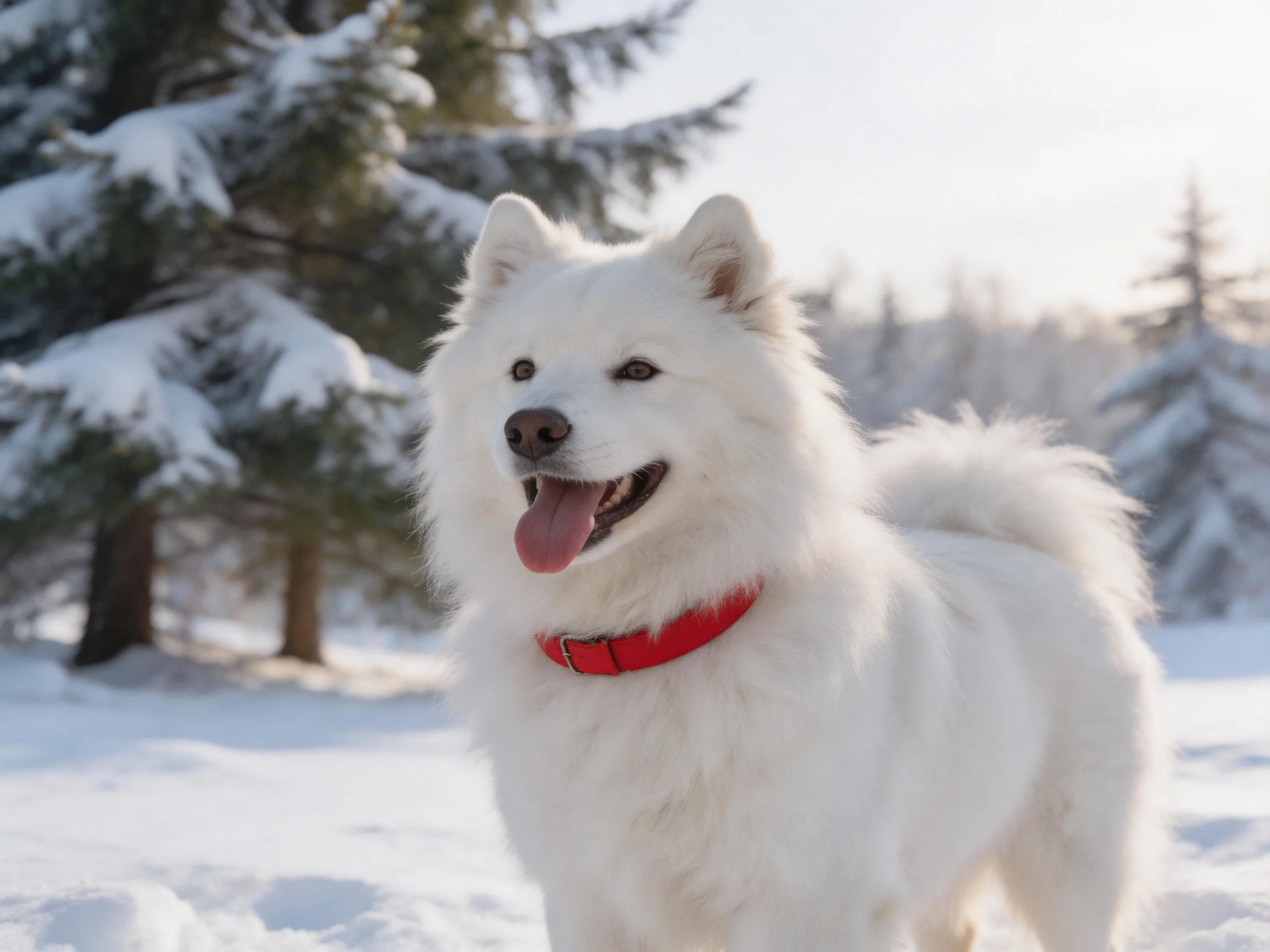 A fluffy white Samoyed dog with a red collar in a snow-covered forest