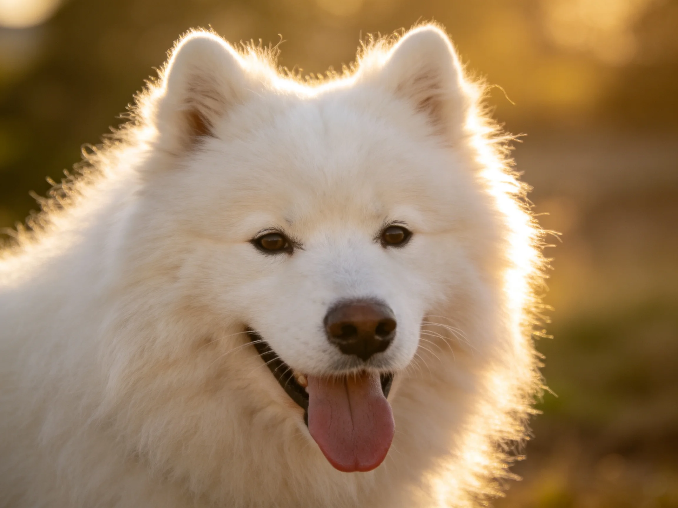 A fluffy white Samoyed dog with golden sunlight highlighting its coat