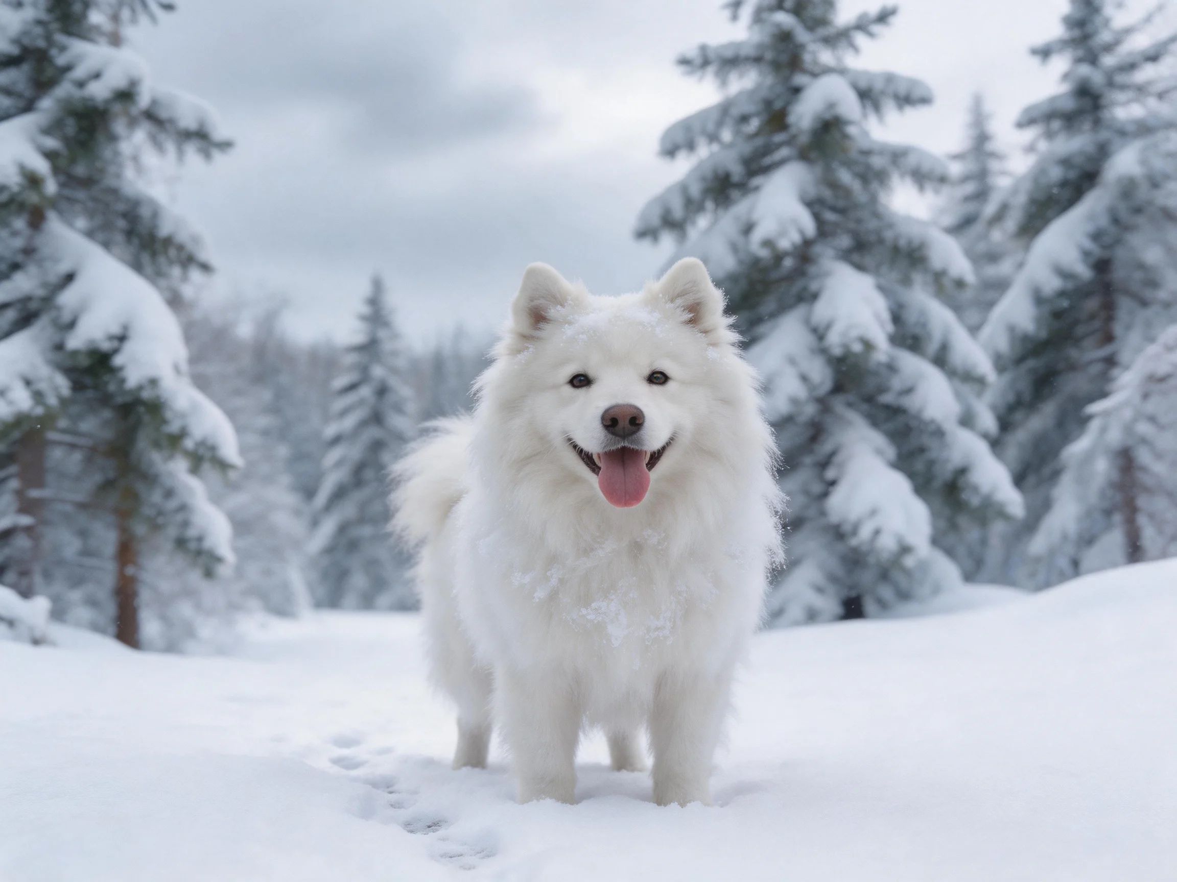 A fluffy white Samoyed in a snow-covered forest