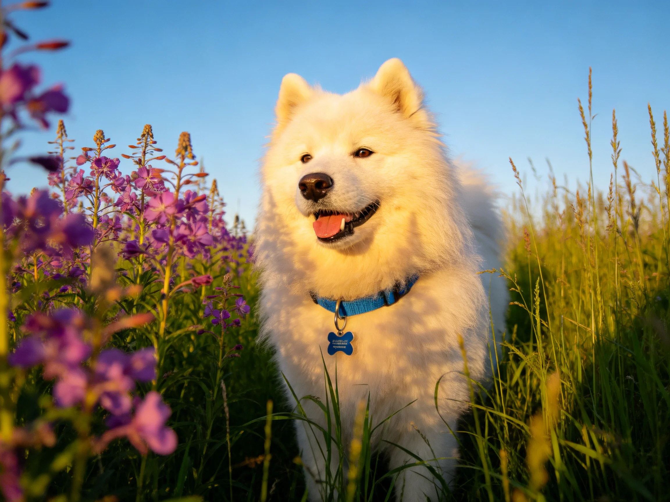 A fluffy white Samoyed in a sunlit meadow with tall purple wildflowers