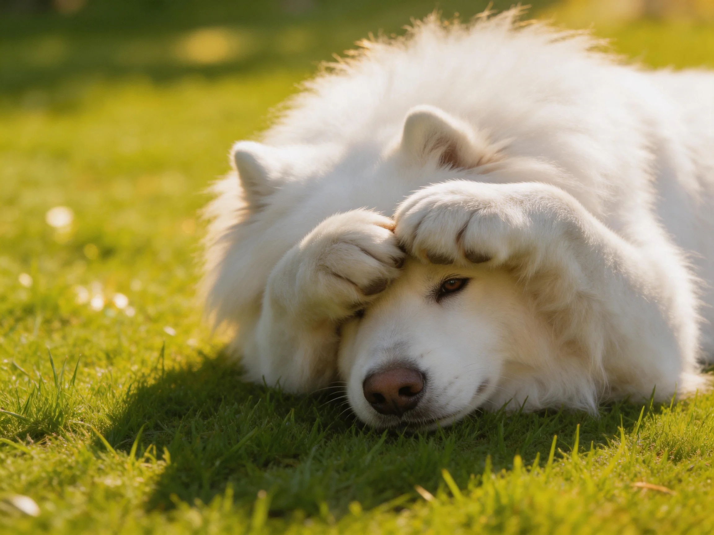 A fluffy white Samoyed resting on lush green grass