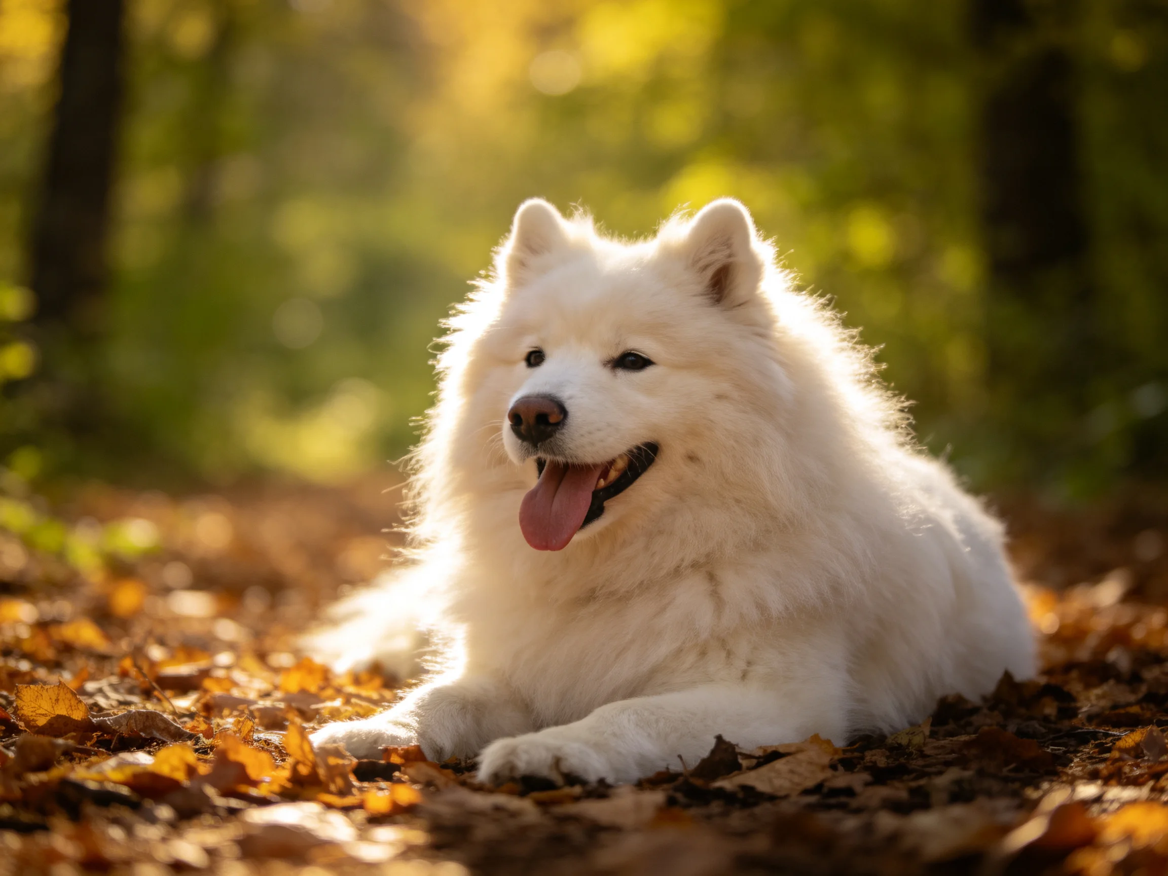 A fluffy white Samoyed rests amid golden fallen leaves in a sunlit forest