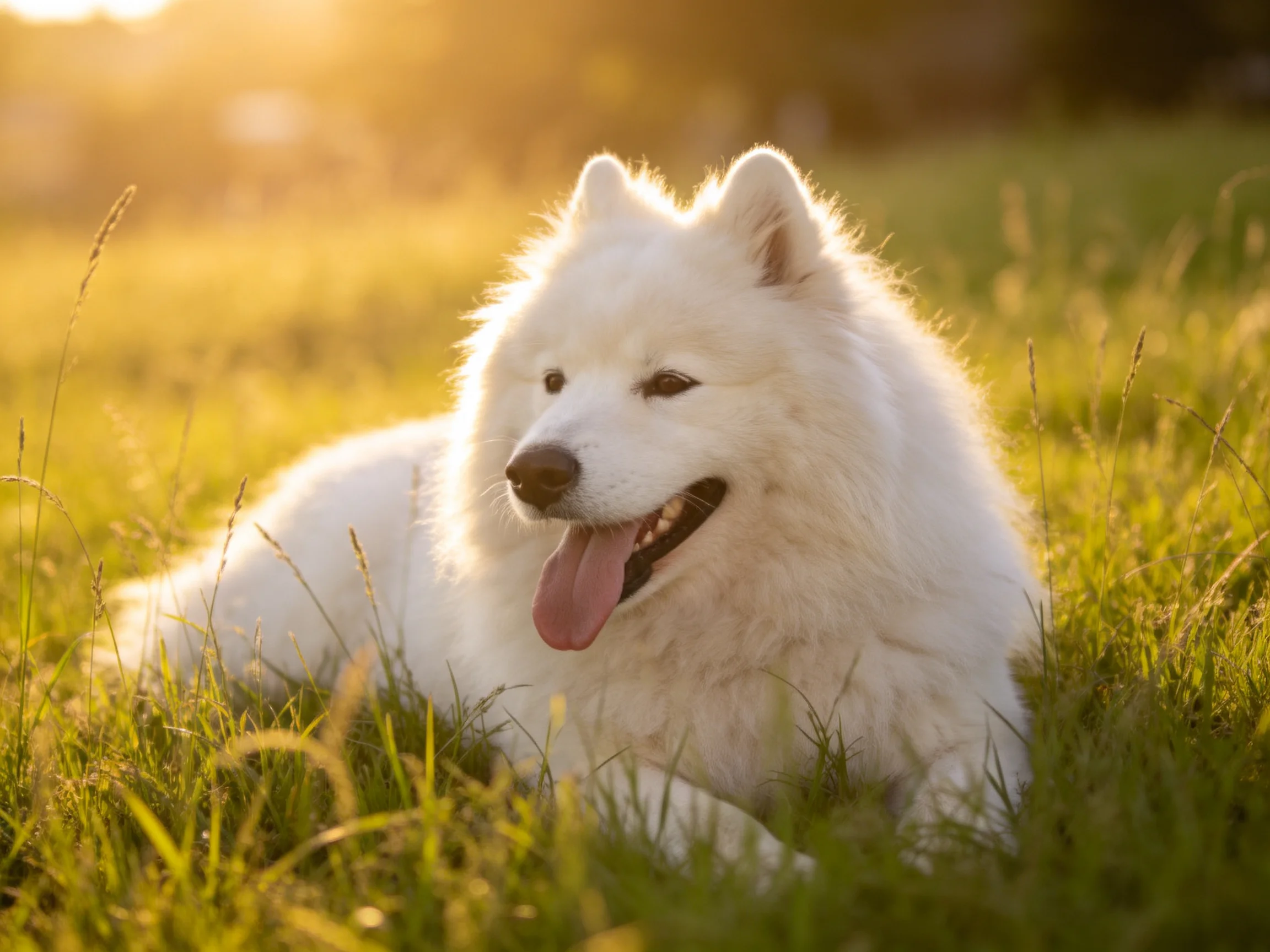A fluffy white Samoyed rests in sunlit green grass