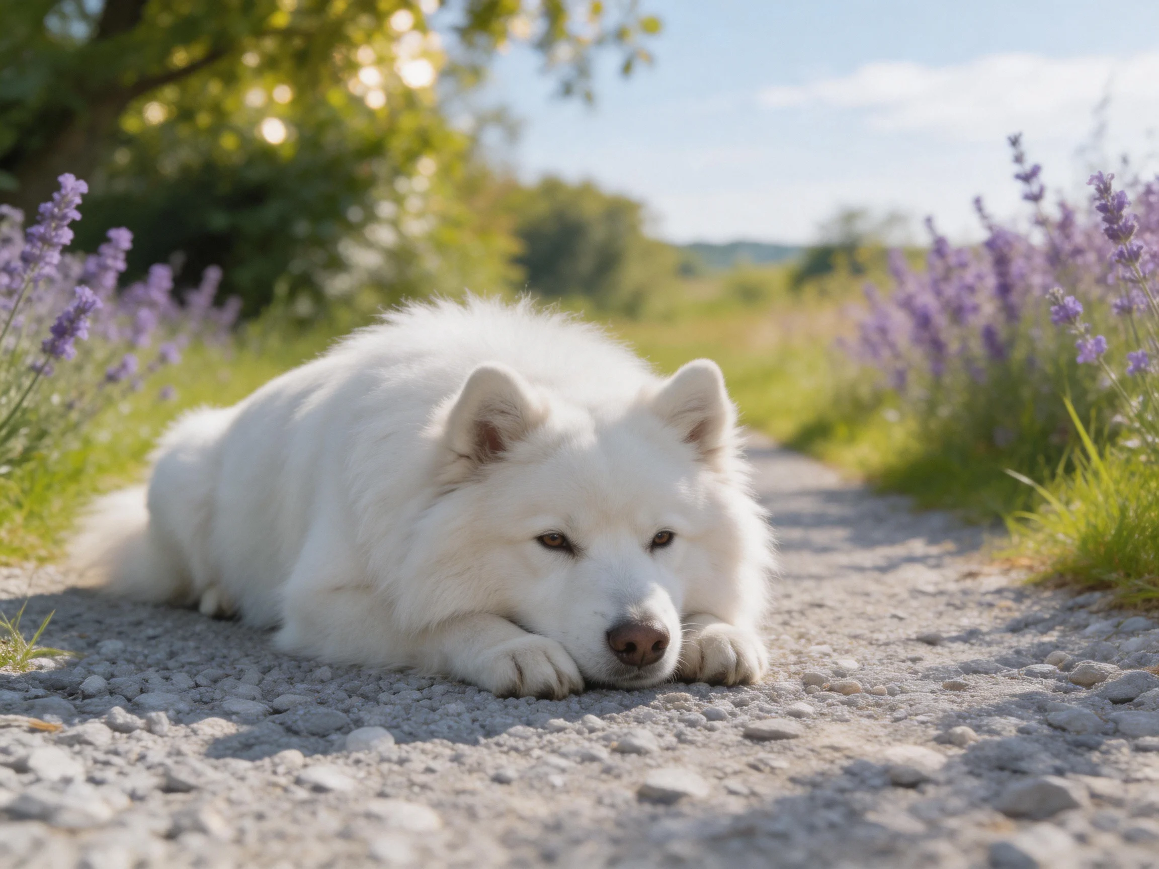 A fluffy white Samoyed rests on a gravel path amid lavender blooms under sunny skies