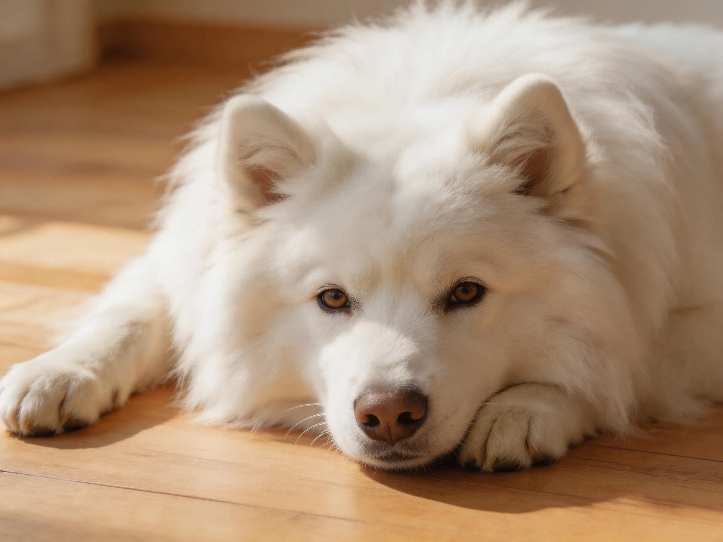 A white Samoyed relaxes on a wooden floor in sunlight.