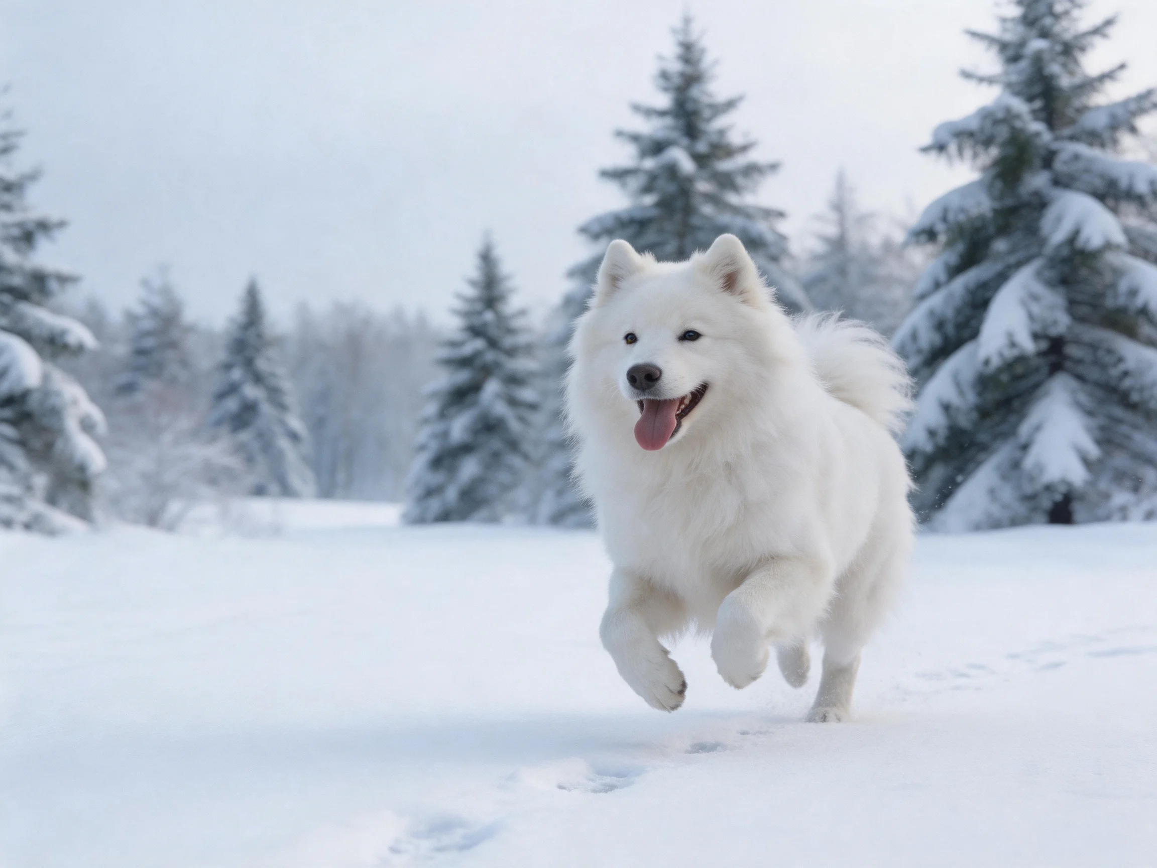 A fluffy white Samoyed running through a snowy forest landscape.