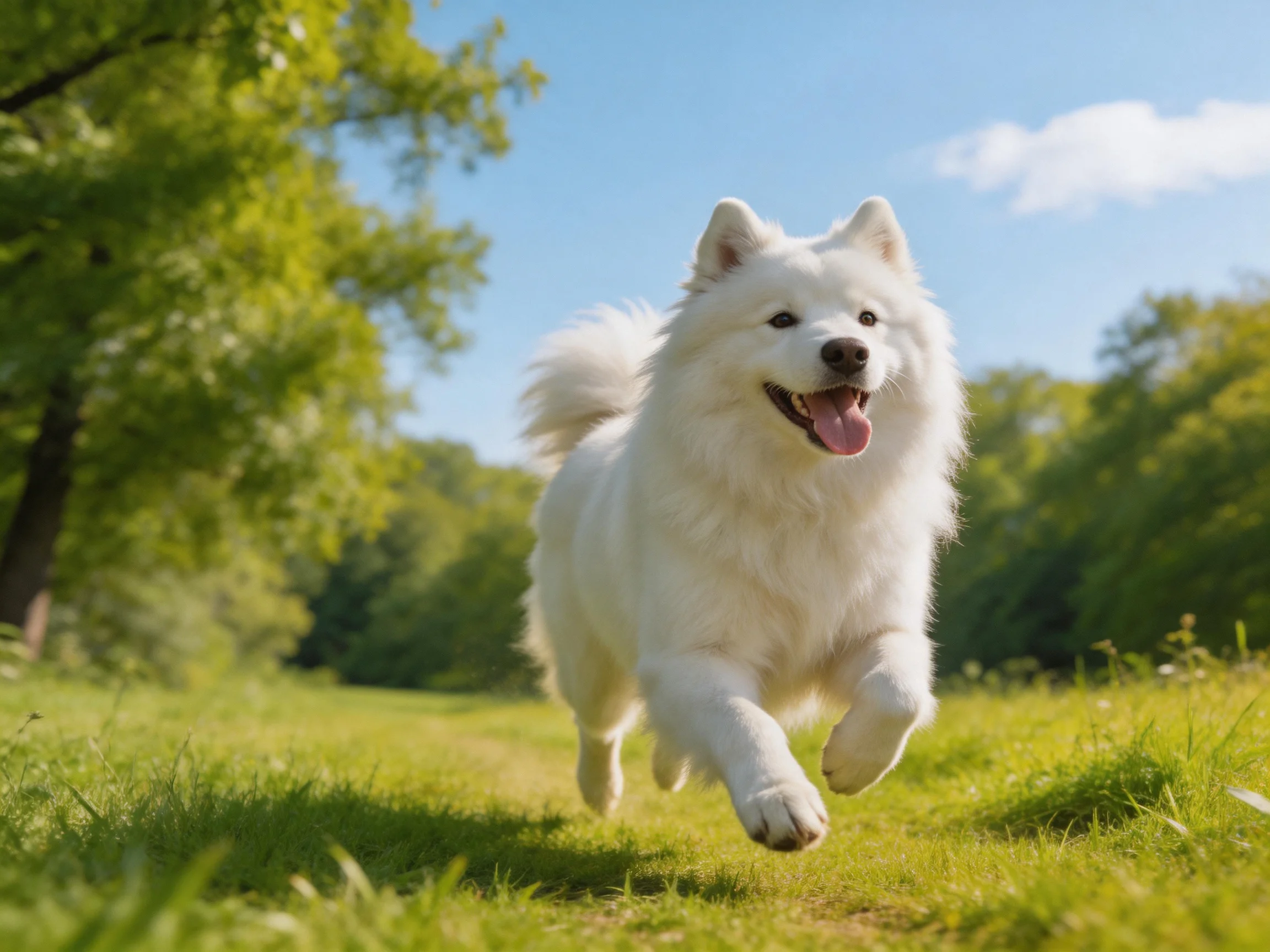 A happy fluffy white Samoyed runs through a sunlit park.