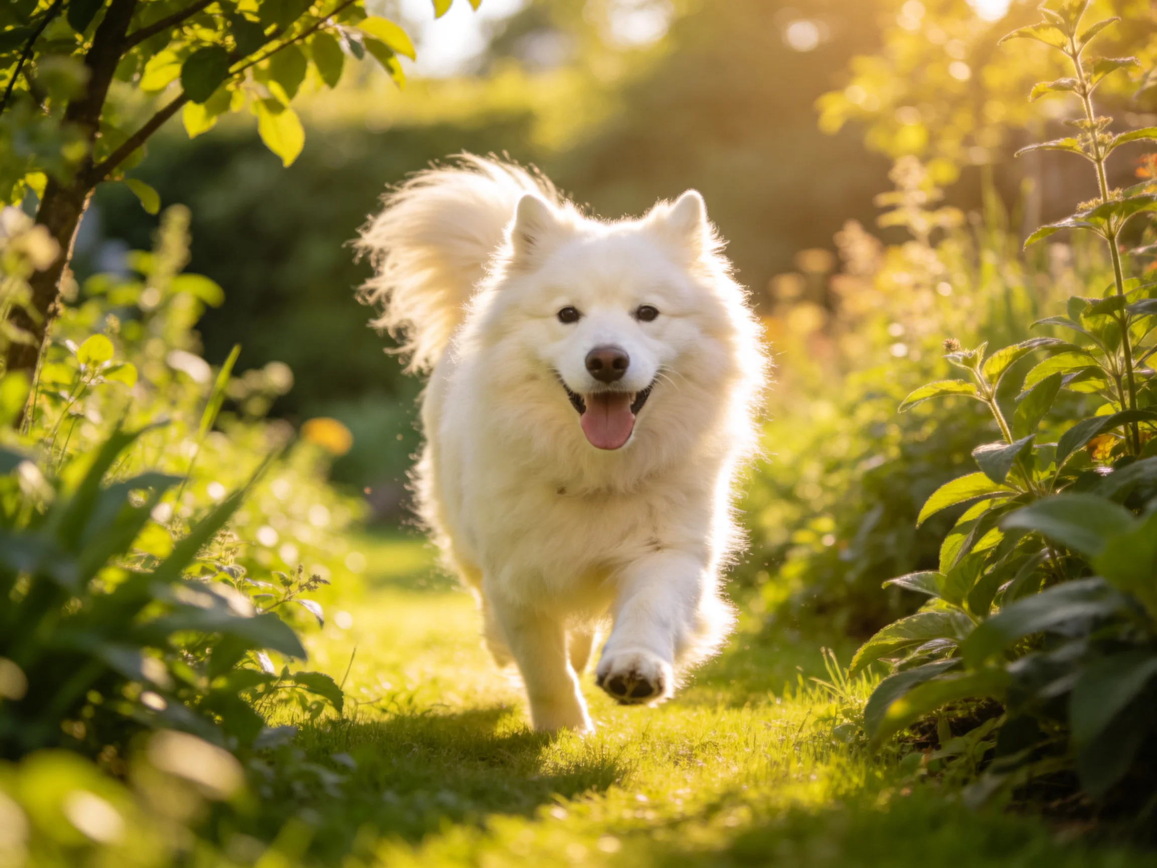 A fluffy white Samoyed runs through a sunlit green garden path