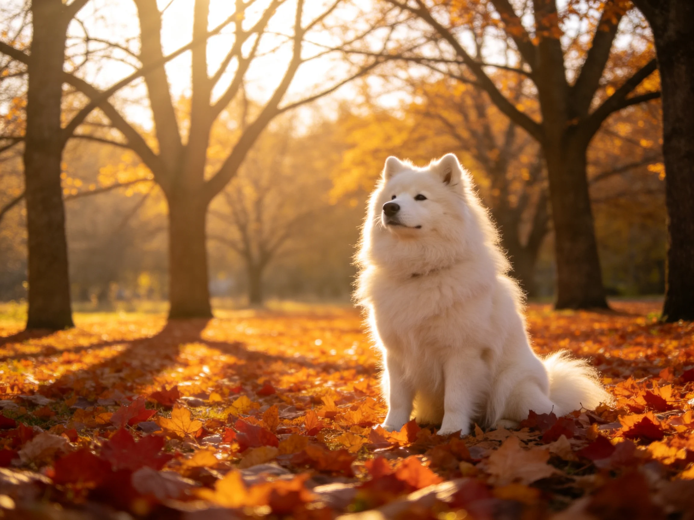 A fluffy white Samoyed sits among golden autumn leaves in a sunlit park