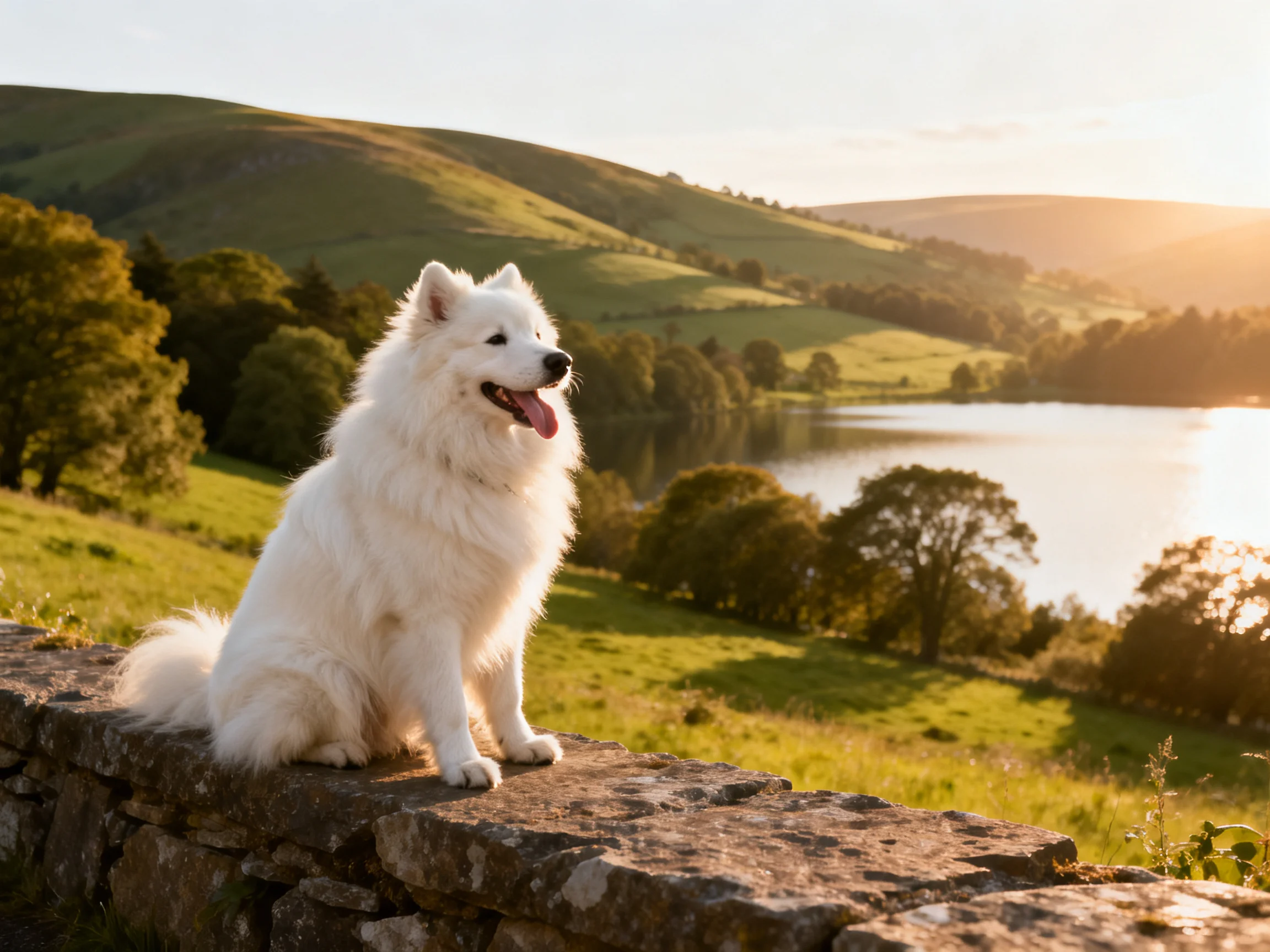 A white Samoyed sits on a stone wall overlooking a scenic countryside with a lake