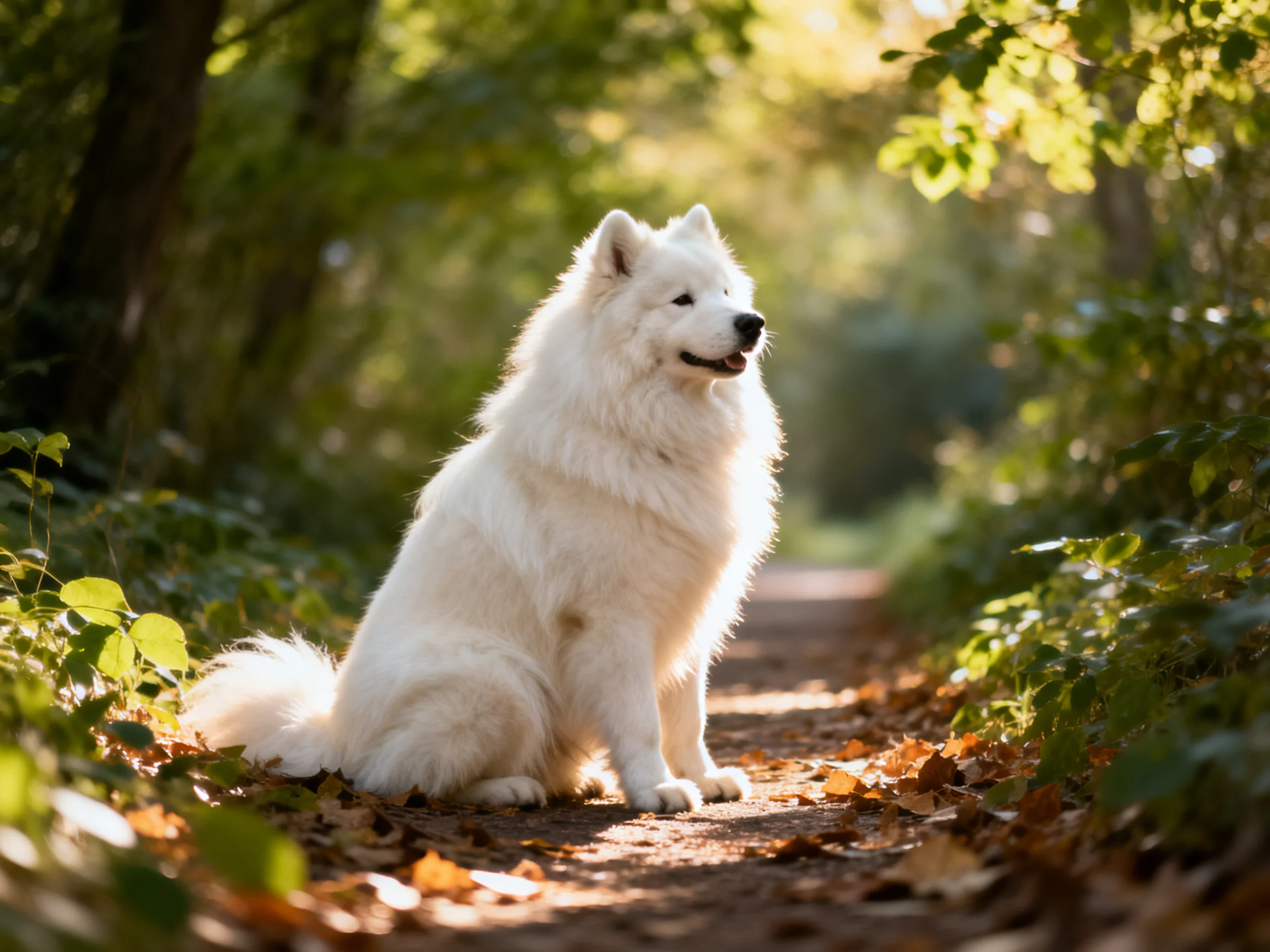 A fluffy white Samoyed sits on a leaf-strewn forest path