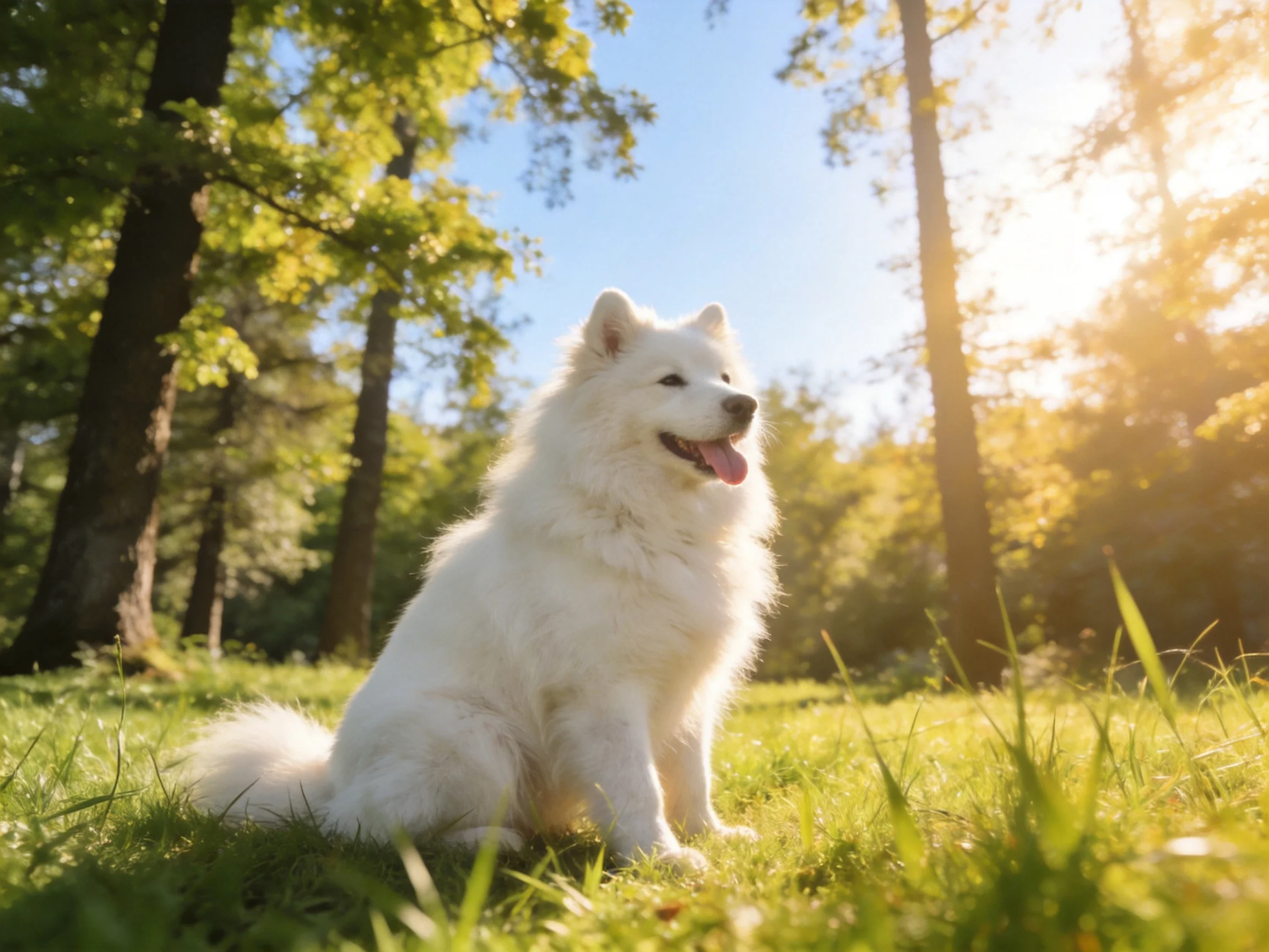 A fluffy white Samoyed sitting in a sunlit forest clearing