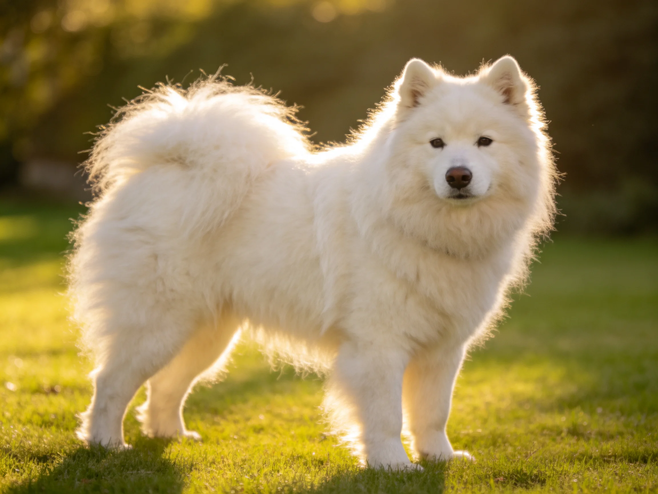 A fluffy white Samoyed stands on sunlit green grass