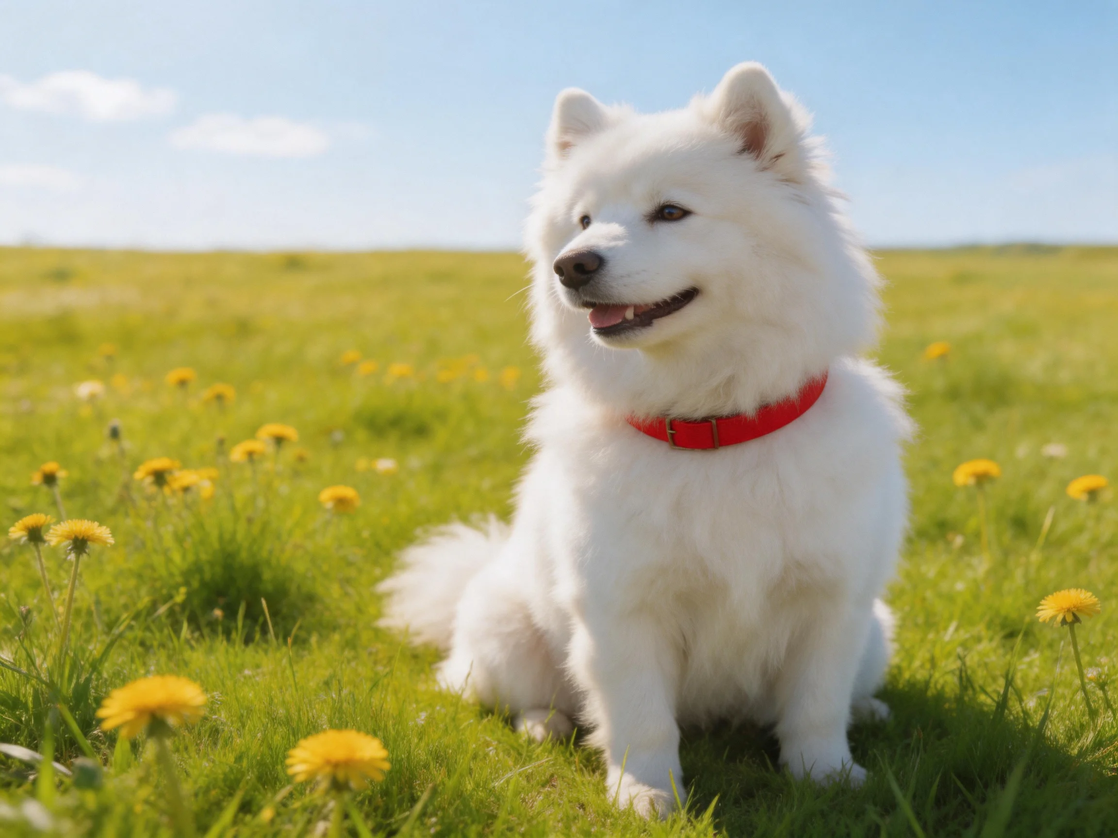 A white Samoyed with a red collar enjoys a sunny day among yellow flowers in a grassy field.