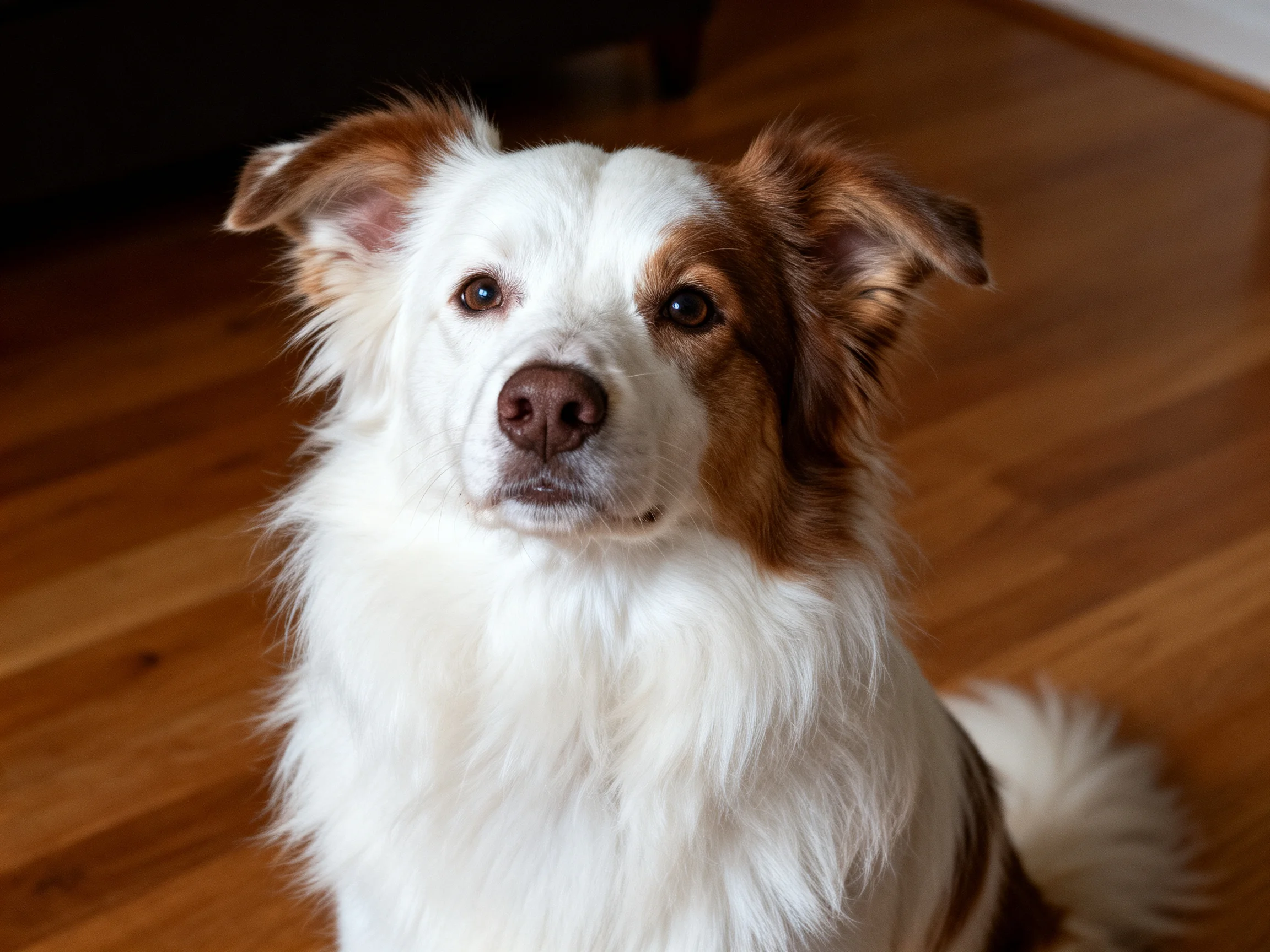 A fluffy white and brown dog sitting on wooden flooring
