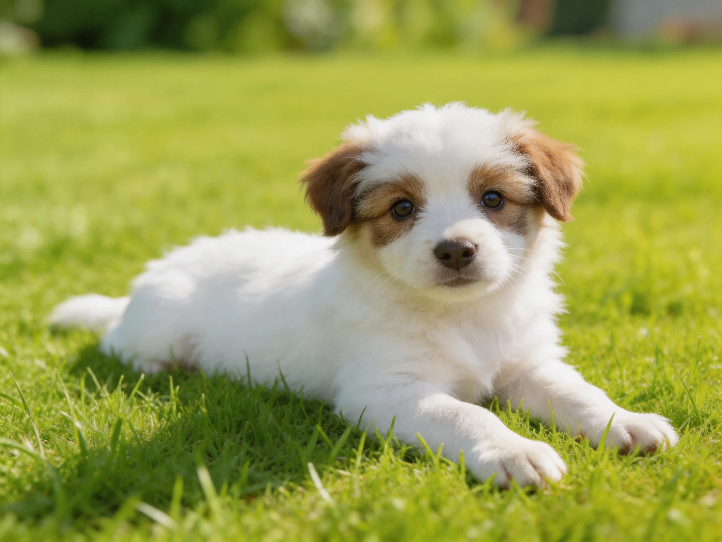 A small puppy with white and brown fur relaxes on green grass.