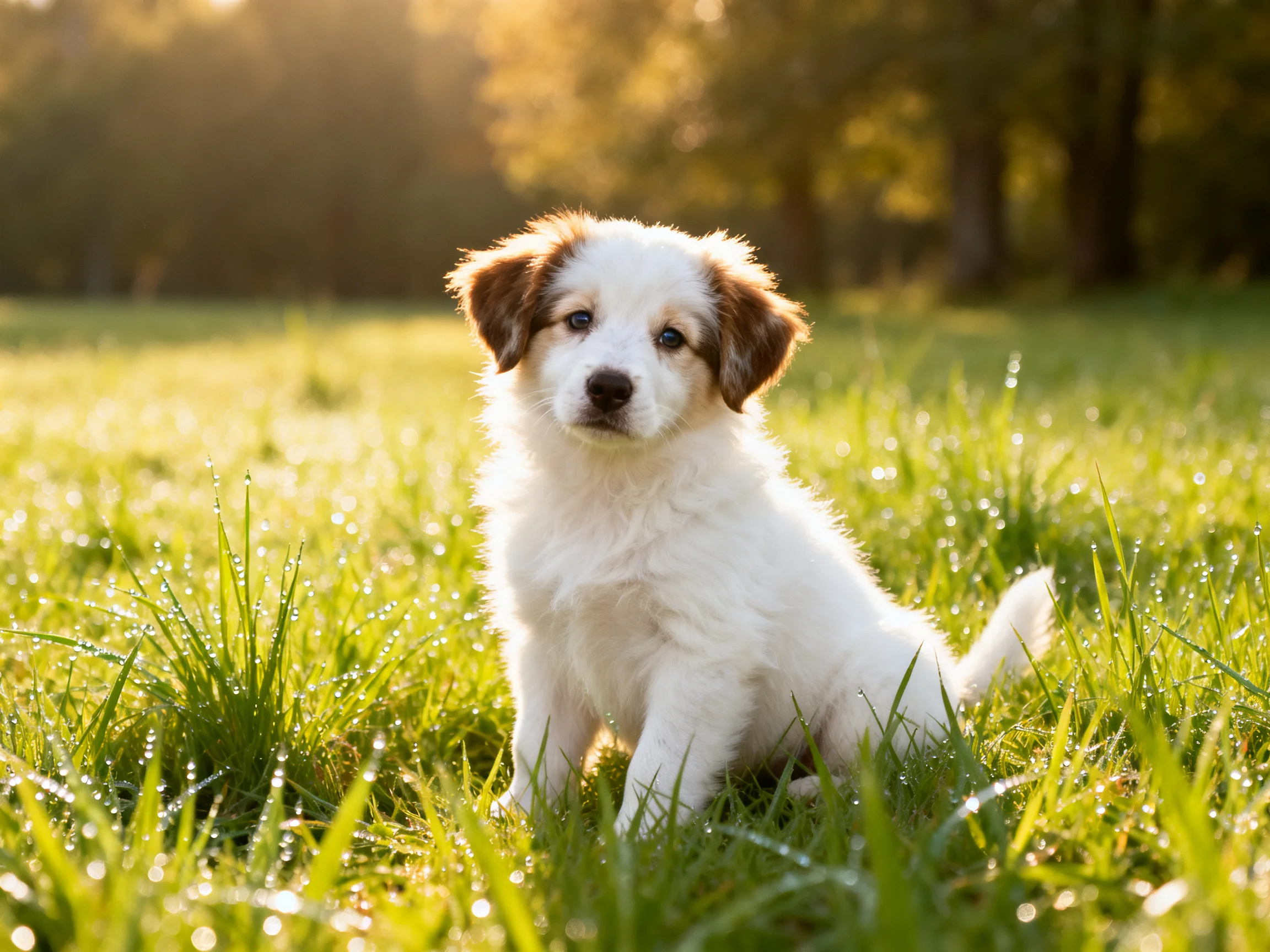 A puppy sits calmly in a sunlit grassy field with trees in the distance.