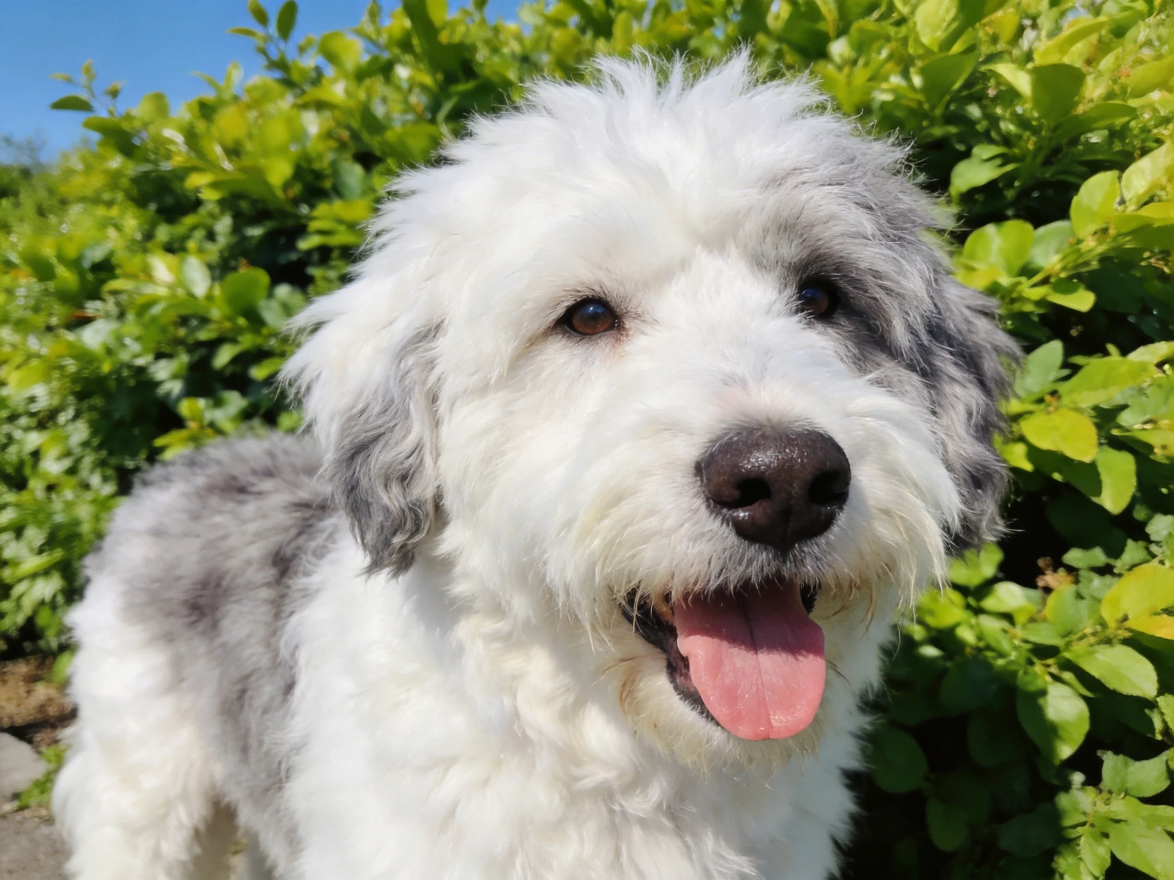 A happy dog with white and gray fur stands near green bushes.