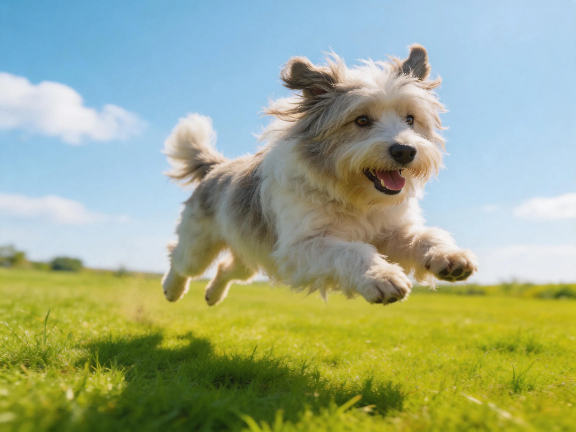 A fluffy white and gray dog leaps joyfully over a bright green field
