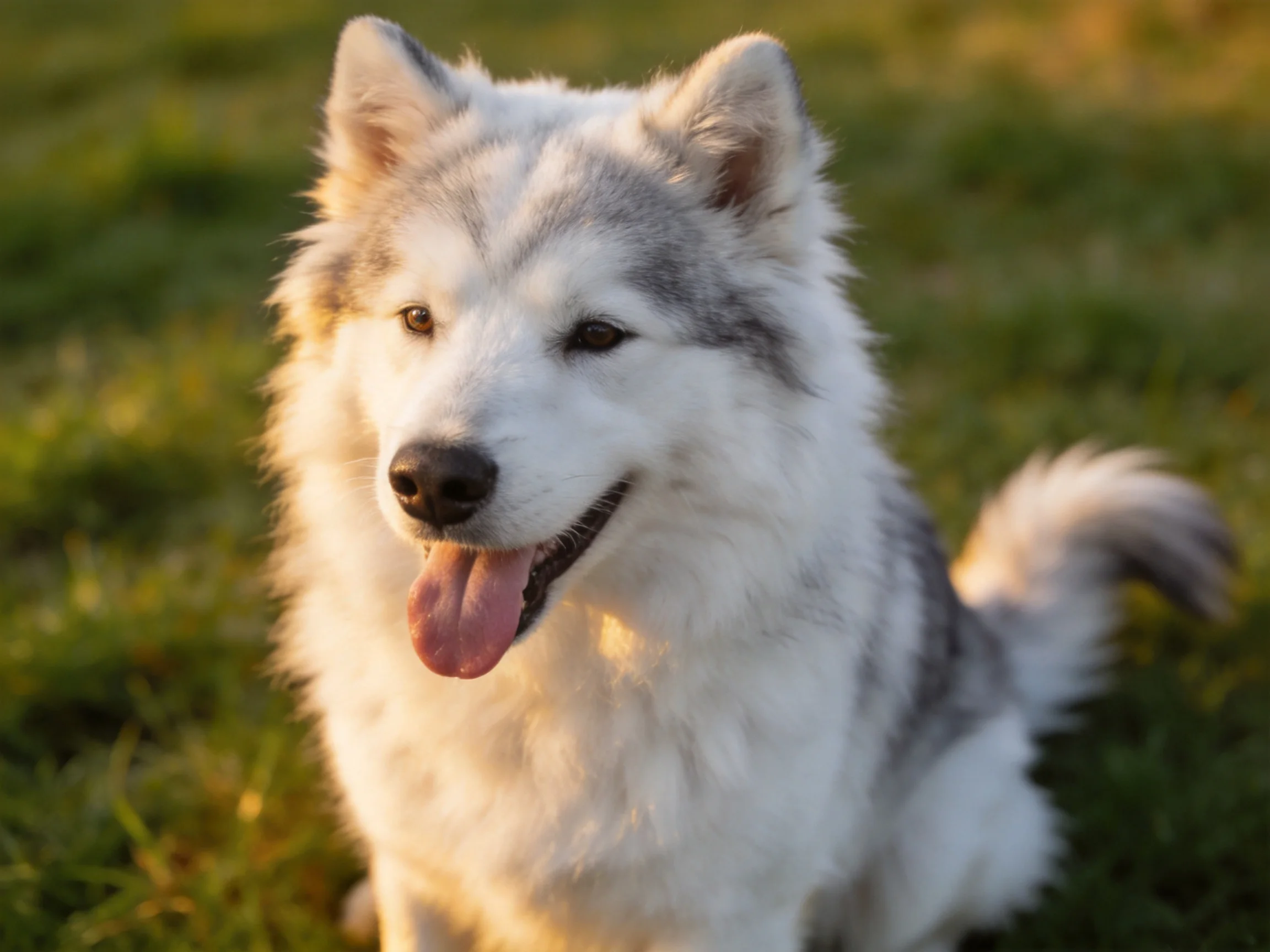 A happy dog with white and gray fur enjoys time on green grass in sunlight