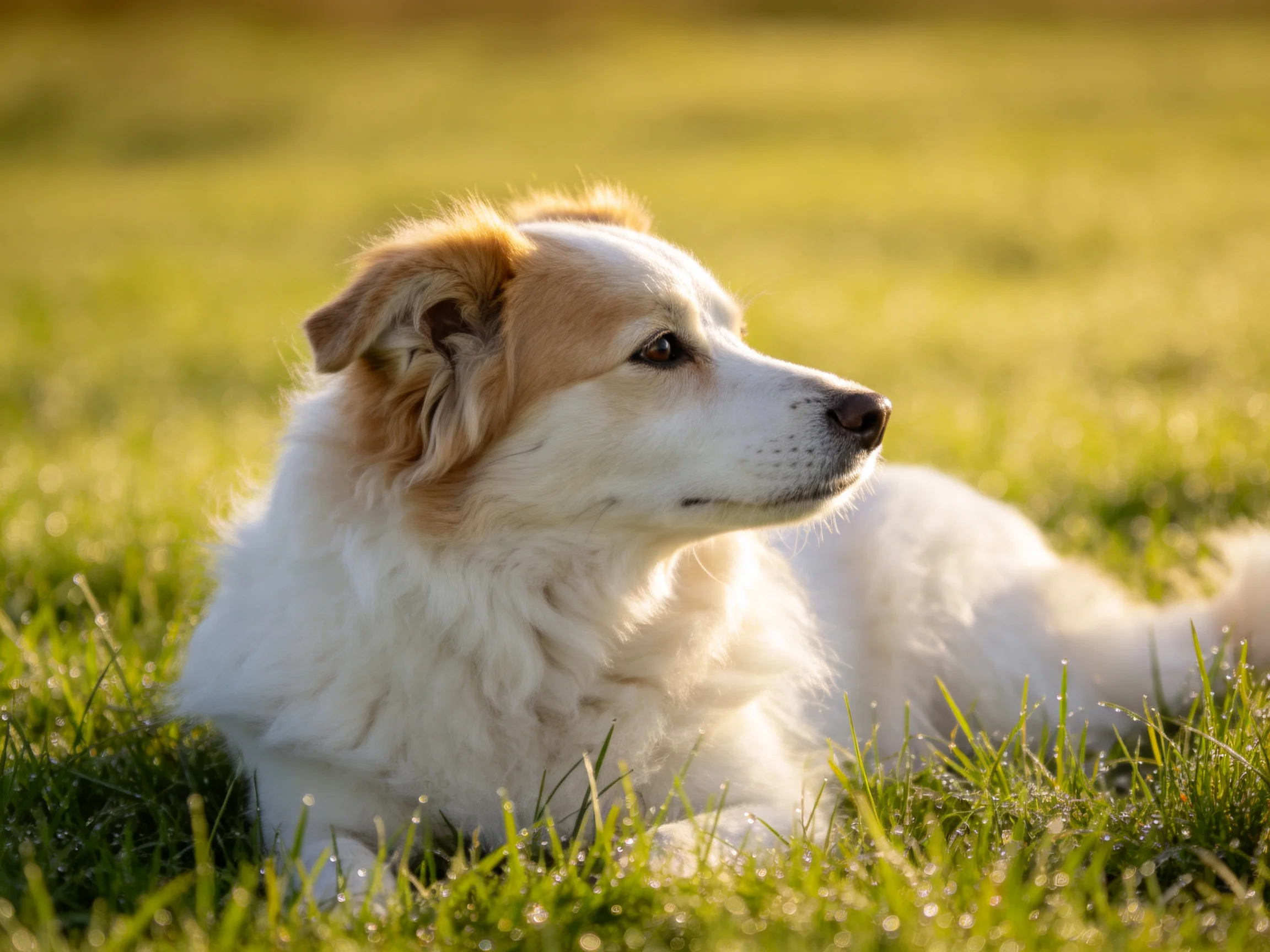 A dog with white and tan fur relaxes on lush green grass.