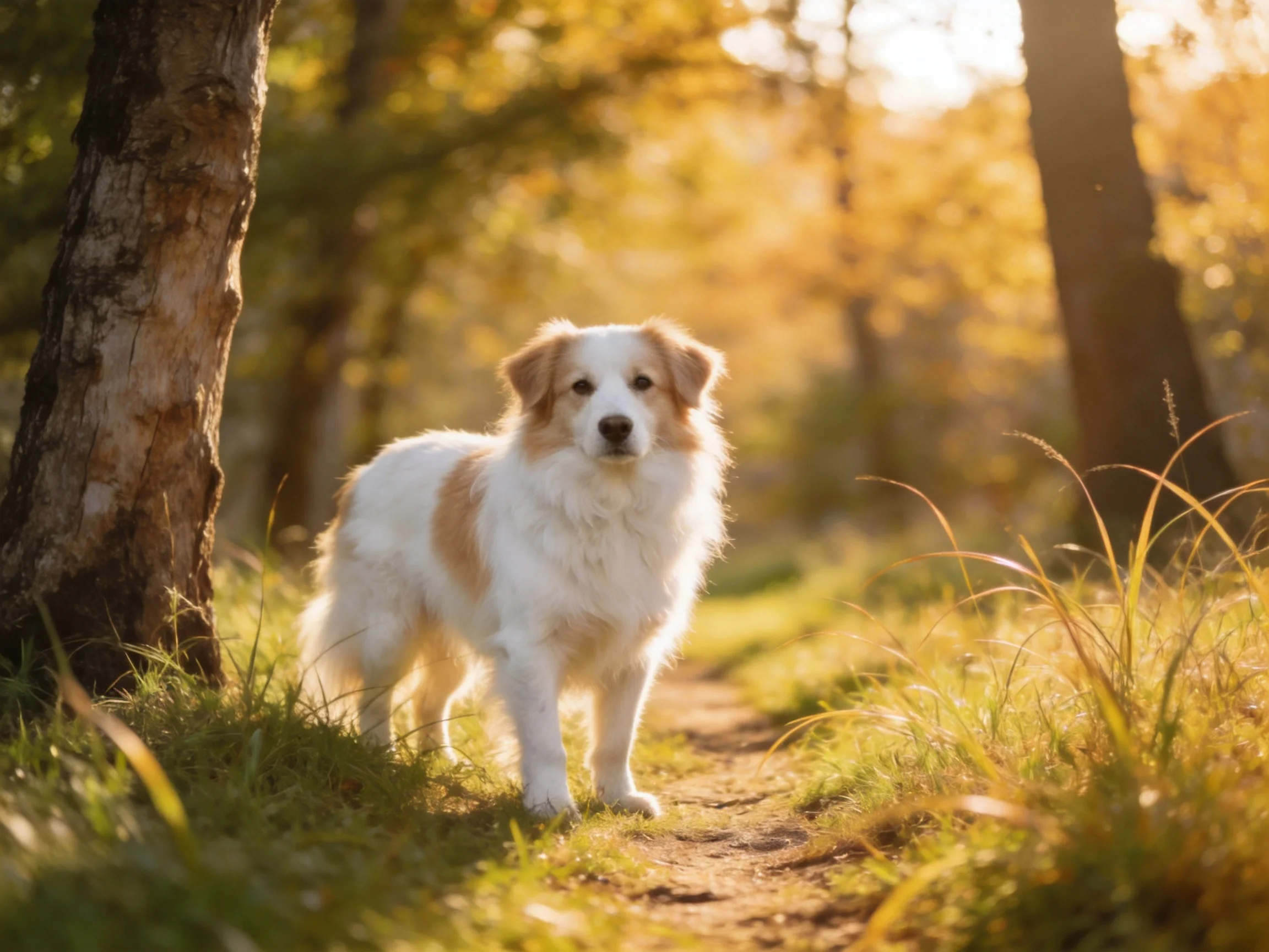 A fluffy white and tan dog stands on a sunlit forest path surrounded by trees.