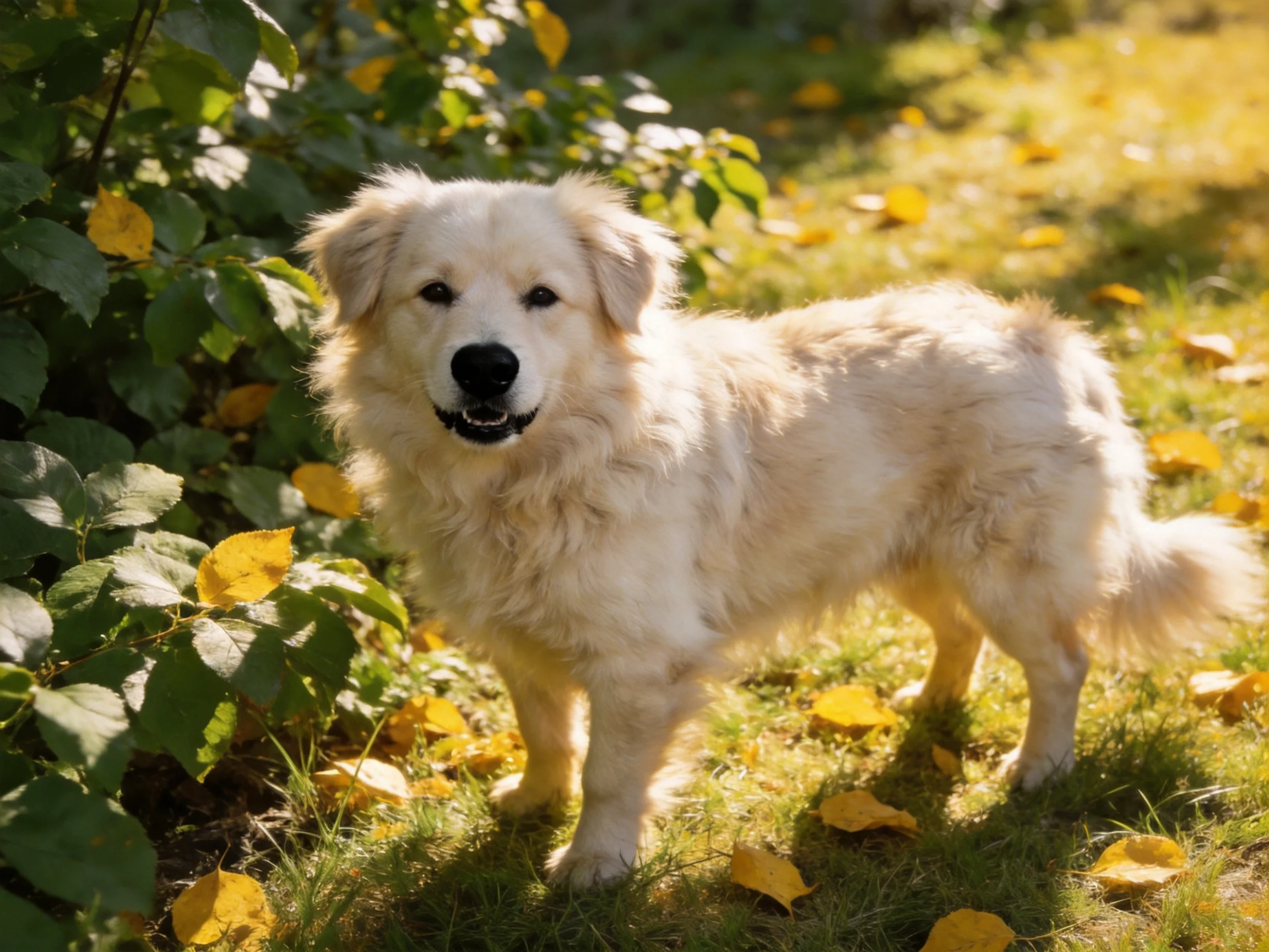 A fluffy white dog amid greenery and golden autumn leaves